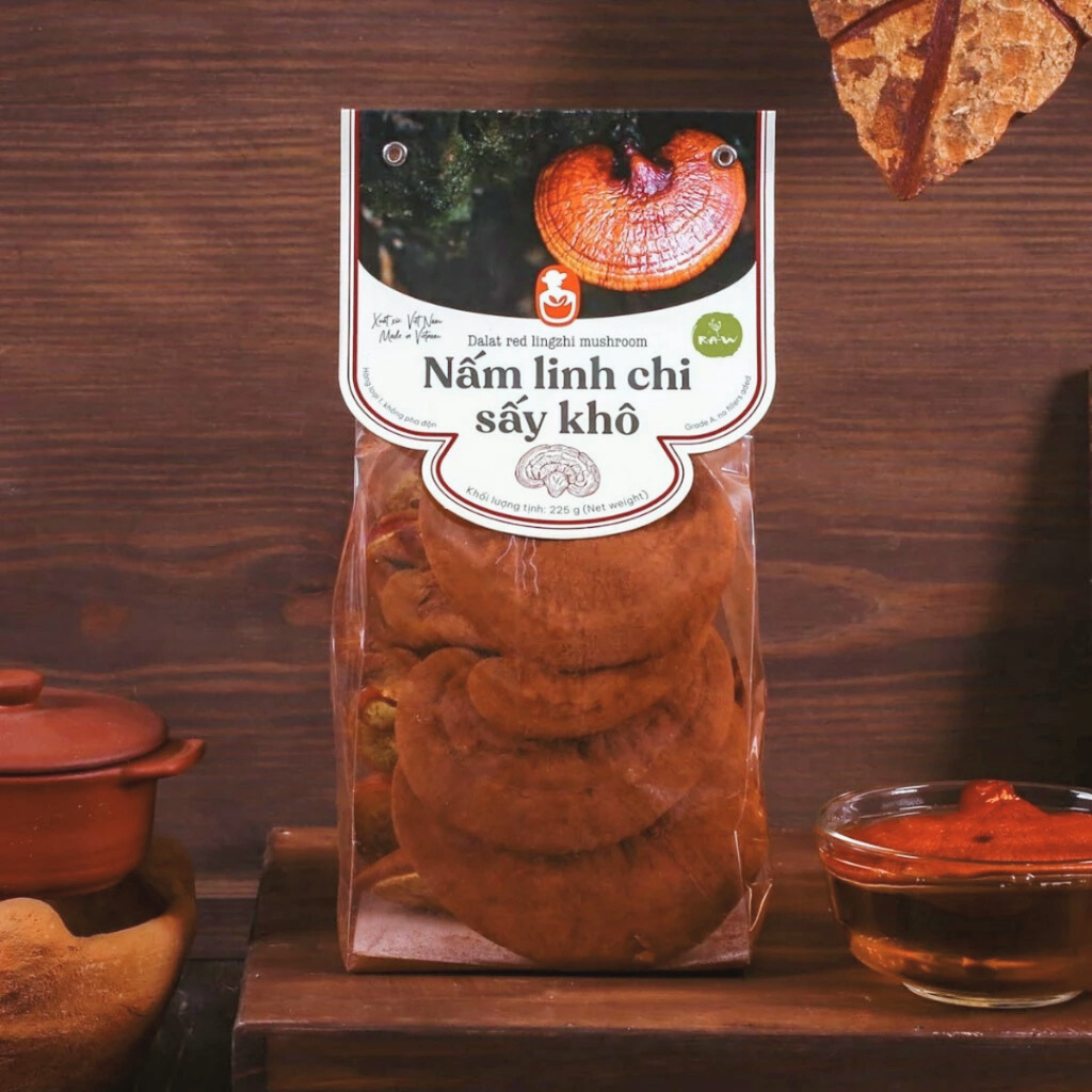 Nấm linh chi đỏ Đà Lạt, 225g, bịch, mẫu nhãn kẹp, L'angfarm