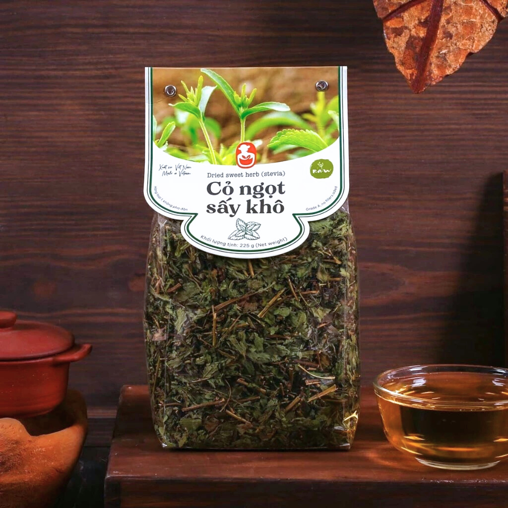Cỏ ngọt sấy khô, 225g, bịch, mẫu nhãn kẹp, L