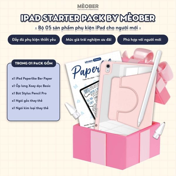  Combo phụ kiện iPad Starter Pack - Gồm 01 Bút Cảm ứng, 01 Ốp Bao Da Xoay dọc, 02 dán màn hình BerPaper by MèoBer 