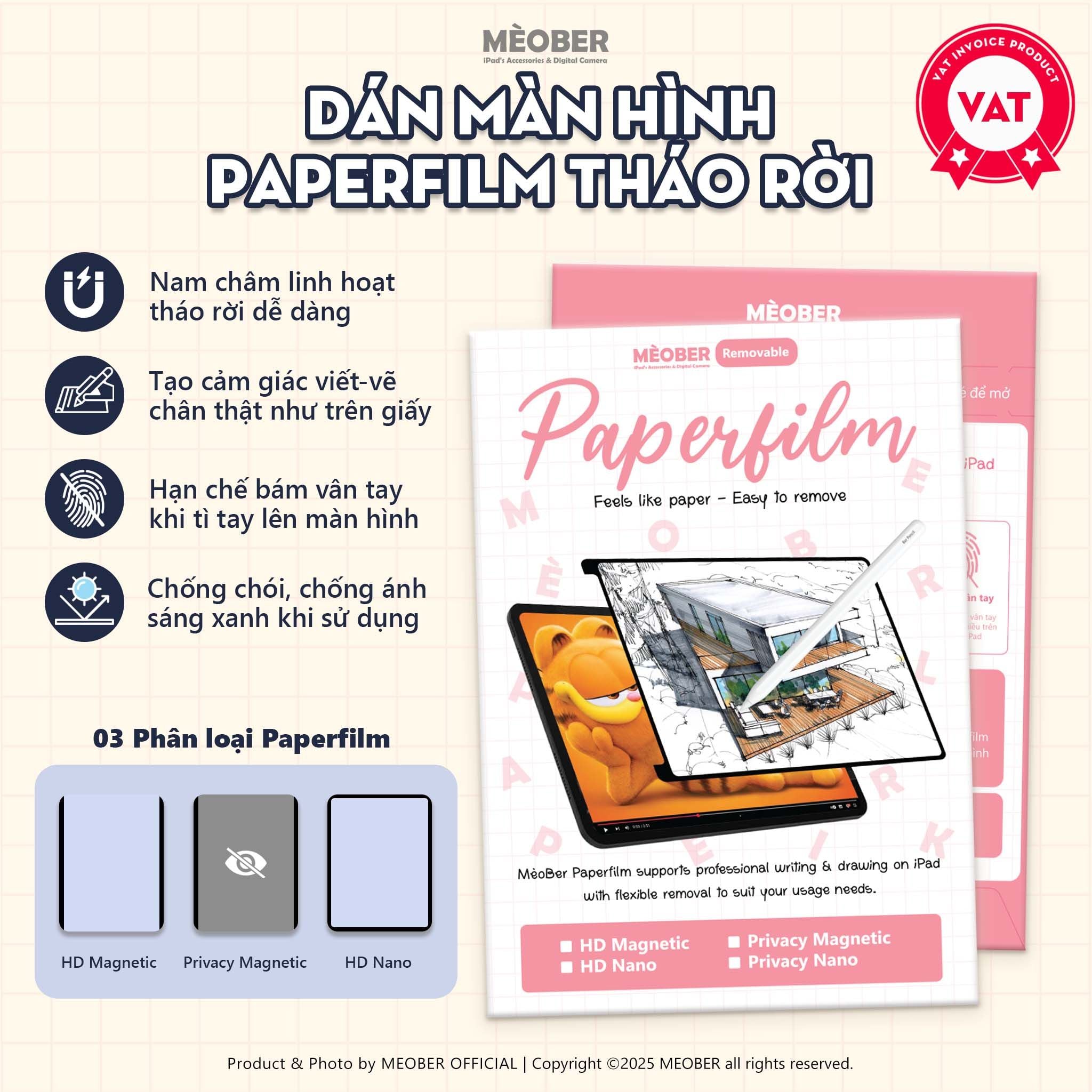  [Paperlike Tháo Rời] Dán màn hình iPad BerPaper Magnetic & Nano Paperfilm - Hỗ trợ tháo rời, tạo cảm giác viết bút dễ dàng by Meober 