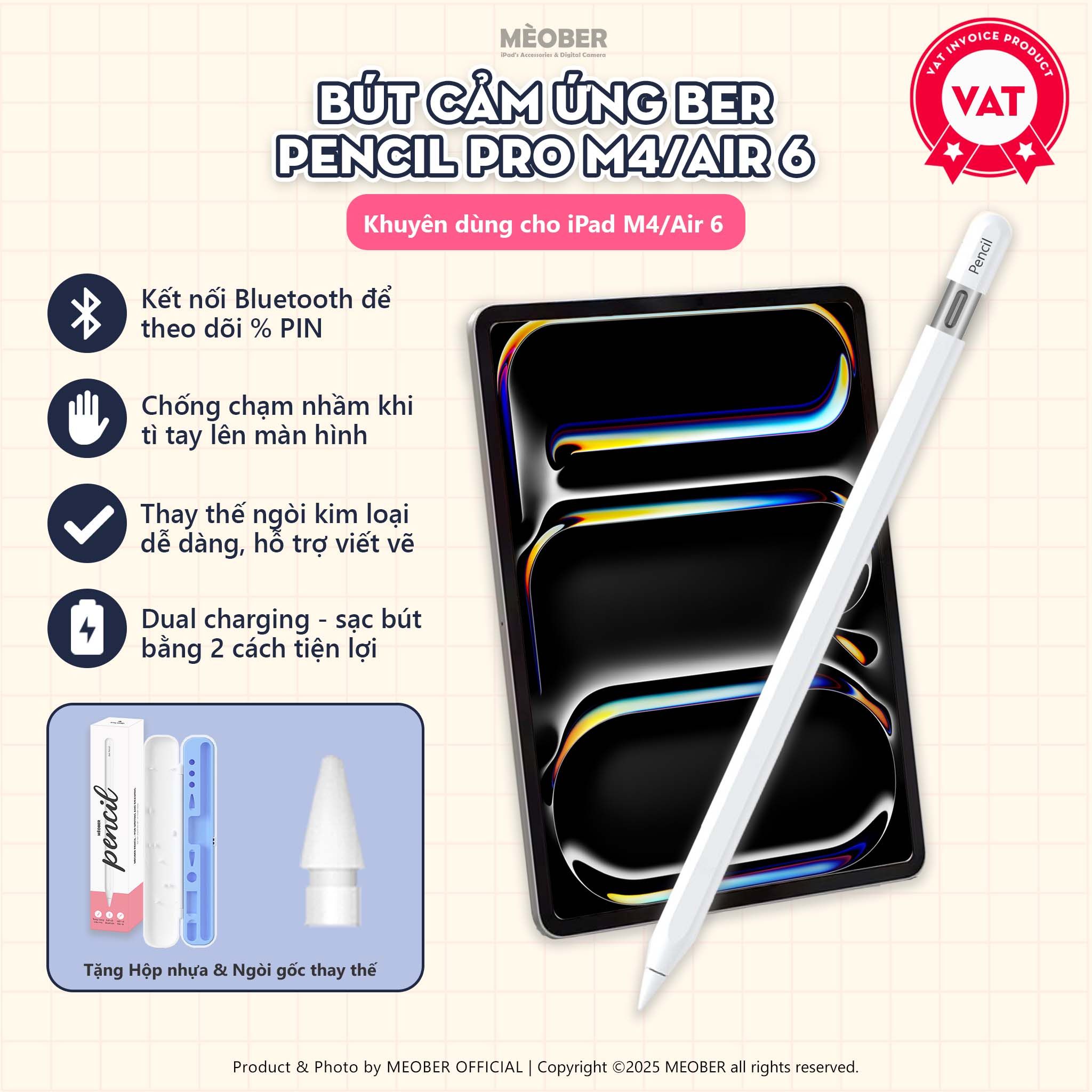  [2025] Bút cảm ứng BerPencil Pro M4/Air6 dành cho iPad - Chống chạm nhầm, scribble, sạc nam châm thế hệ mới by MèoBer 