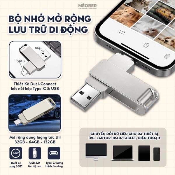  Bộ nhớ lưu trữ mở rộng di động cho điện thoại, iPad, Laptop - USB 3.0 FlashDrive Dual-Connect by MèoBer 