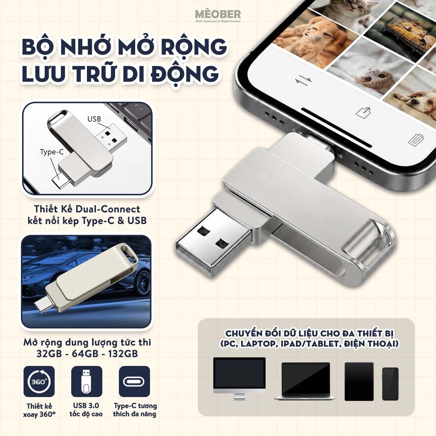 Bộ nhớ lưu trữ mở rộng di động cho điện thoại, iPad, Laptop - USB 3.0 FlashDrive Dual-Connect by MèoBer 