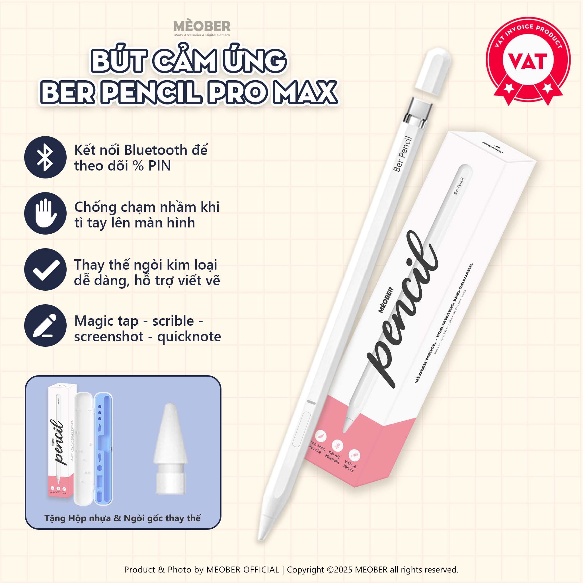  [New 2025] Bút cảm ứng BerPencil Pro Max dành cho iPad - Chống chạm nhầm, scribble, chuyển tẩy/ bút by MèoBer 