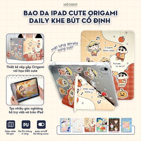  Bao da iPad Cute Origami Daily khe bút cố định gấp xếp xoay 360 cho Pro 11, Mini 6/7, Air 4/5/6/7, Gen7/8/9/10/11, Pro M4 by MèoBer 