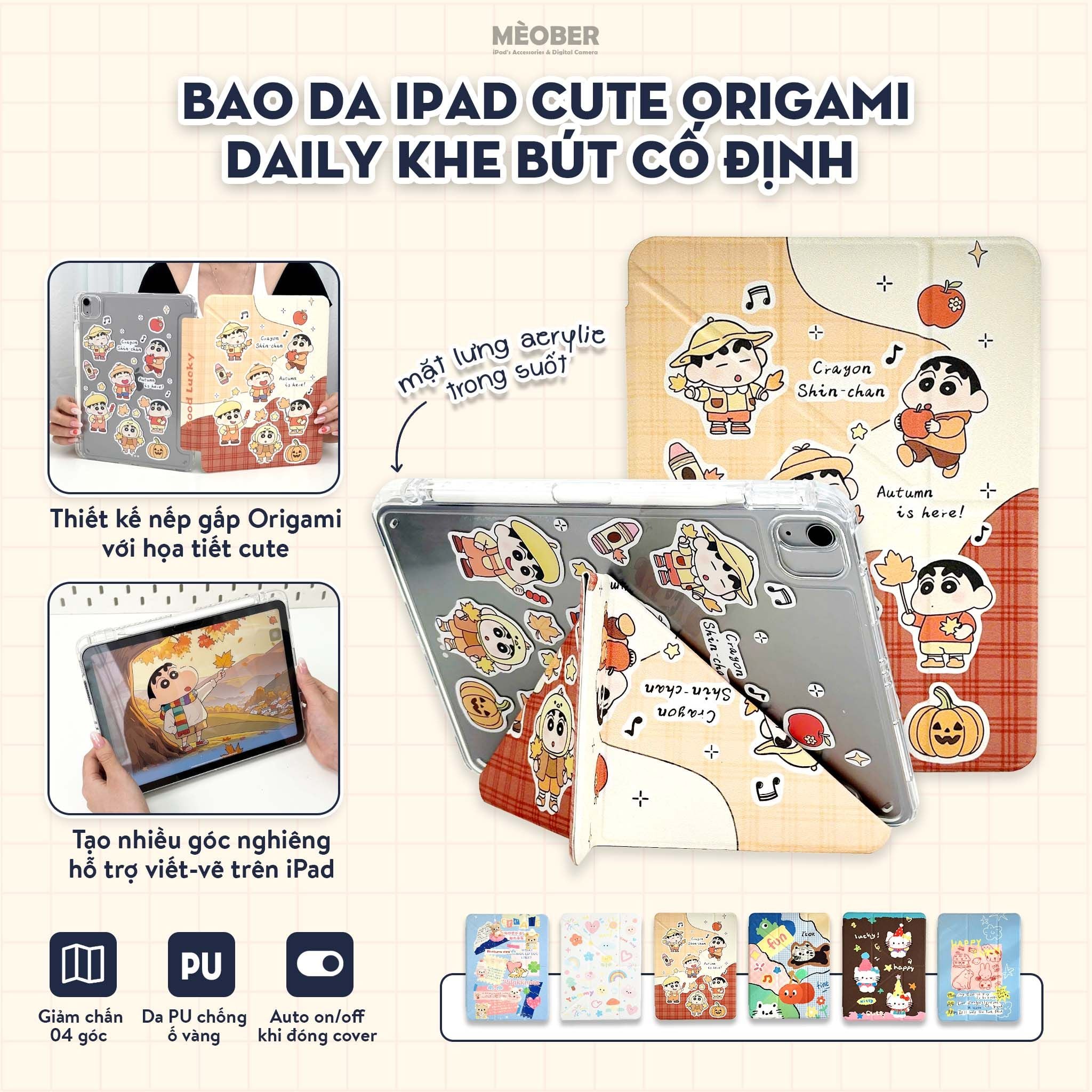  Bao da iPad Cute Origami Daily khe bút cố định gấp xếp xoay 360 cho Pro 11, Mini 6/7, Air 4/5/6/7, Gen7/8/9/10/11, Pro M4 by MèoBer 