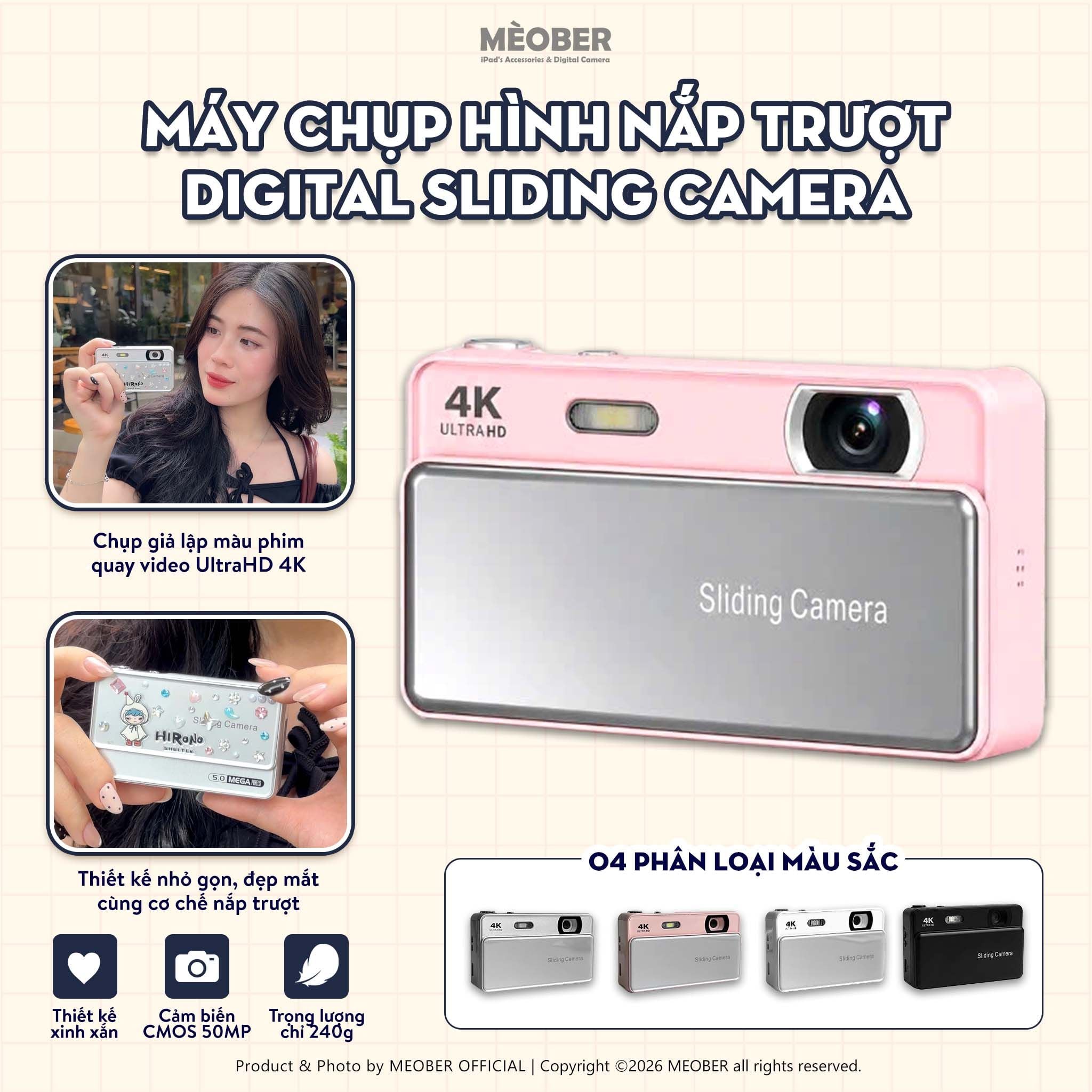  [Tặng thẻ nhớ] Máy Chụp Hình Nắp Trượt Digital Sliding - Chụp giả lập màu phim, quay video 4K by MèoBer 