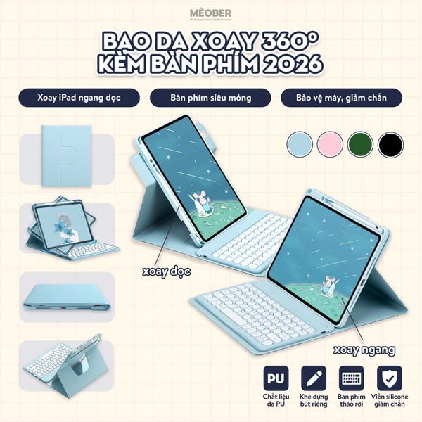 [2026] Bao da iPad Xoay cố định kèm bàn phím - Case Keyboard 360 by Meober dành cho Gen 8/9/10 Air4/5/6 Pro11 
