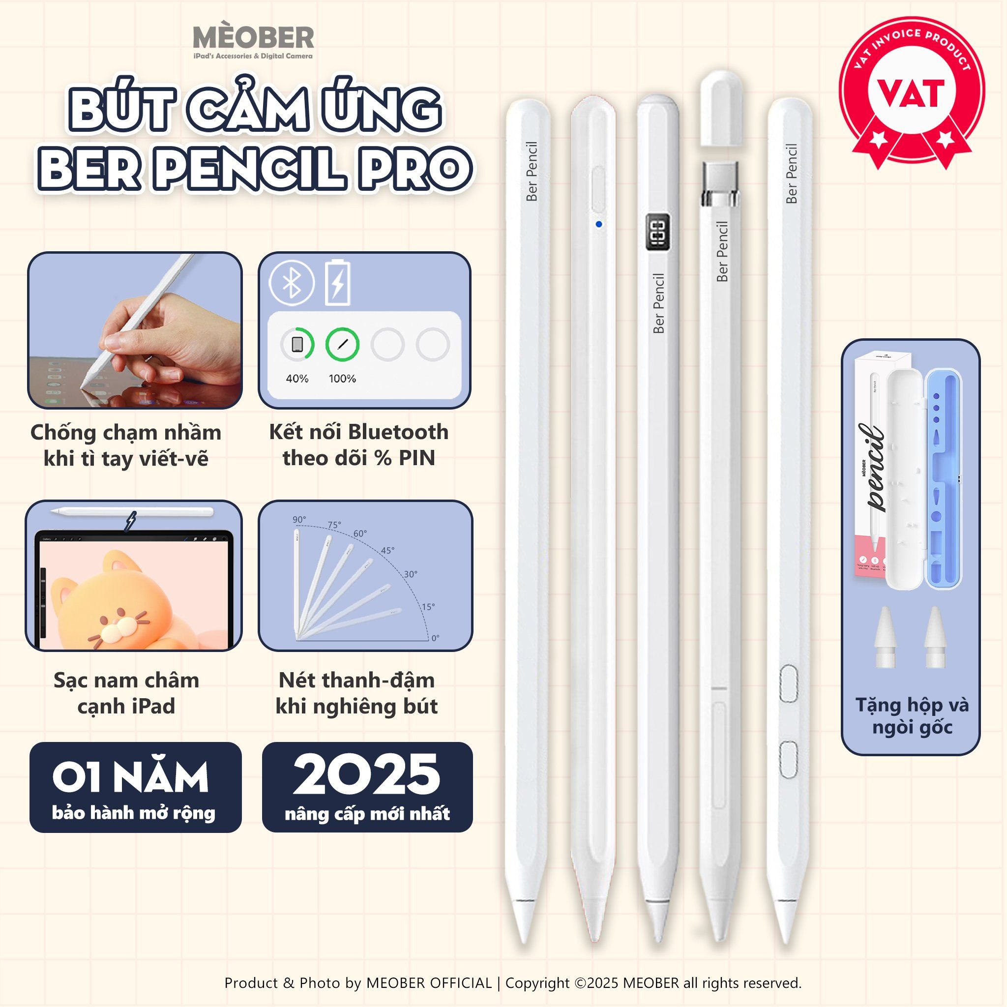  Bút cảm ứng BerPencil Pro dành cho iPad - Chống chạm nhầm, chuyển chữ viết thành văn bản, sạc nam châm by MèoBer 