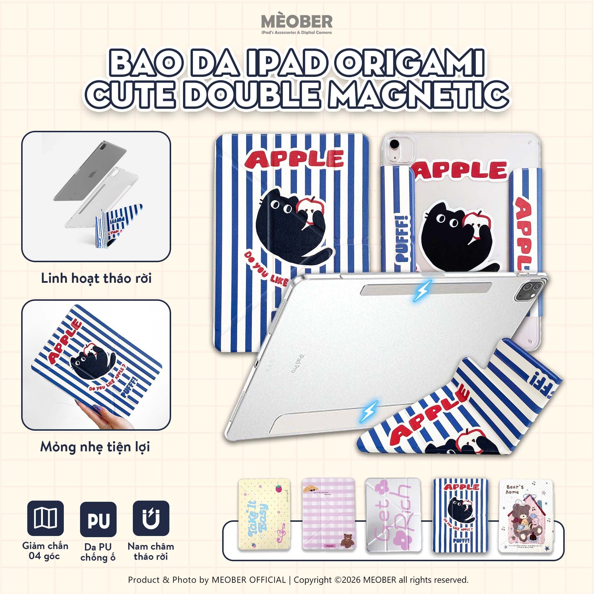  Bao da iPad Origami Cute Double Magnetic, Cover tháo rời & hít đôi dành cho iPad Gen, Pro 11, Air 2026, A16 v.v by MèoBer 