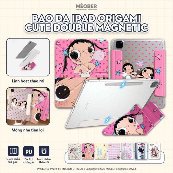  Bao da iPad Origami Cute Double Magnetic, Cover tháo rời & hít đôi dành cho iPad Gen, Pro 11, Air 2026, A16 v.v by MèoBer 