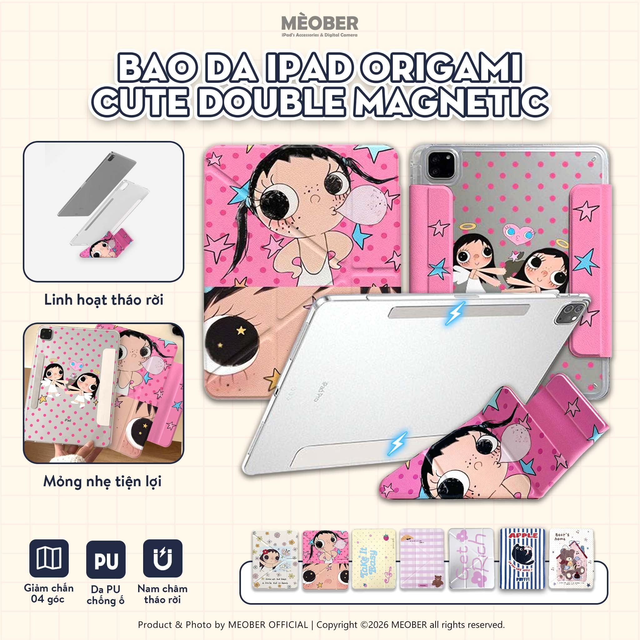  Bao da iPad Origami Cute Double Magnetic, Cover tháo rời & hít đôi dành cho iPad Gen, Pro 11, Air 2026, A16 v.v by MèoBer 