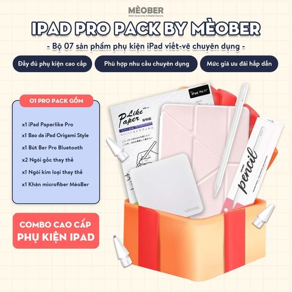  Combo phụ kiện iPad Pro Pack - Gồm 01 Bút Cảm ứng, 01 Ốp Origami khe bút cố định, 01 dán màn hình Paperlike Pro, 01 Khăn Microfiber by MèoBer 