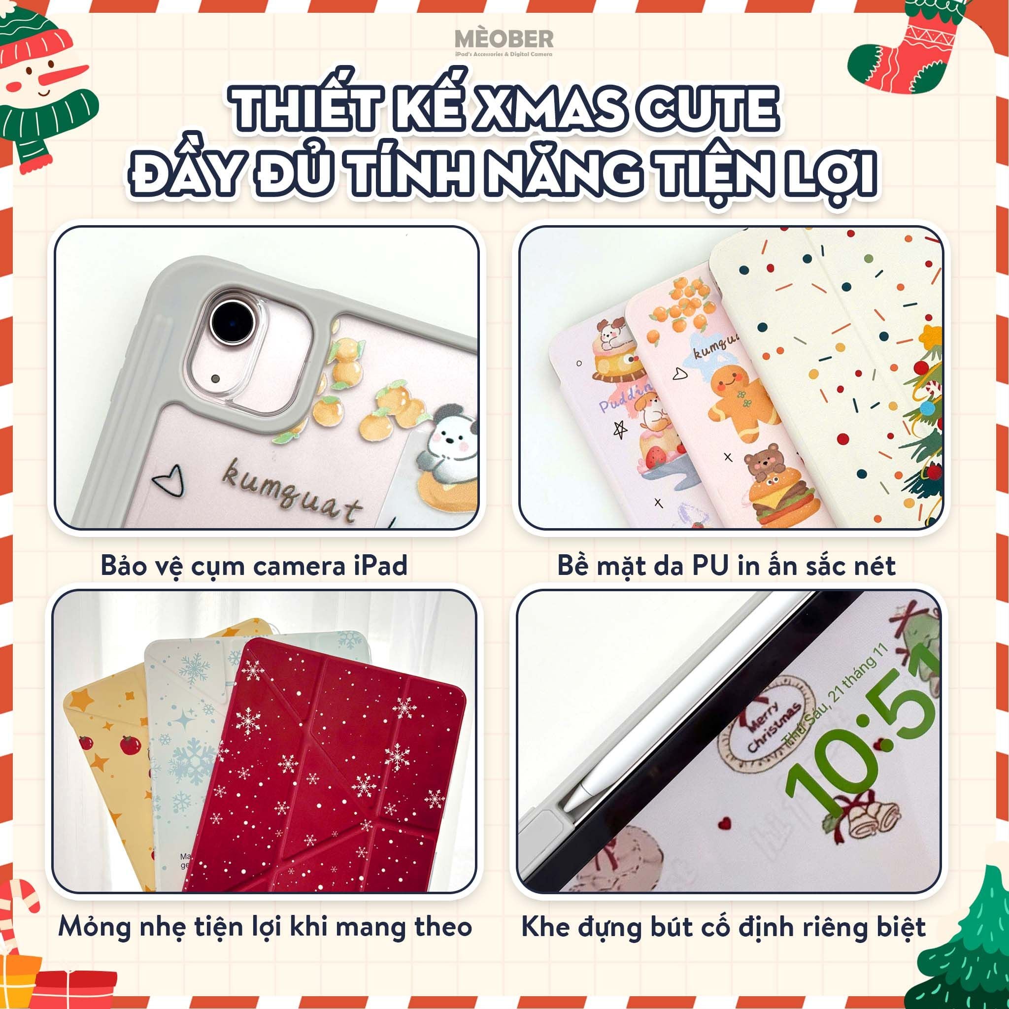  Bao da iPad Cute Origami/Gập 3 XMAS khe bút cố định gấp xếp cho Pro 11, Mini 6/7, Air 4/5/6/7, Gen7/8/9/10/11, Pro M4 by MèoBer 