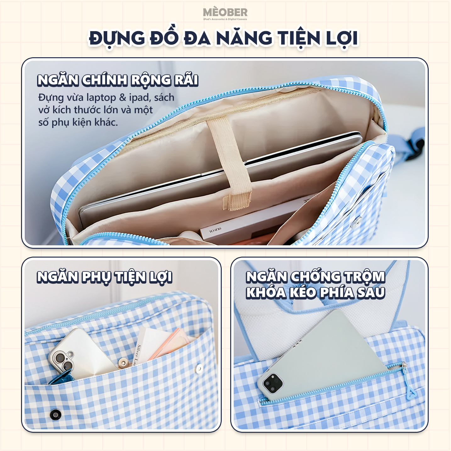  Balo chống sốc đa năng Caro Pastel 3-in-1 cho iPad & Laptop  - Siêu rộng, Chia Nhiều Ngăn phù hợp Đi Học Đi Làm, Du Lịch by MèoBer 