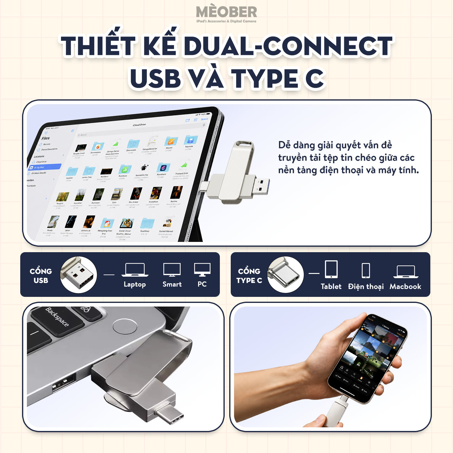  Bộ nhớ lưu trữ mở rộng di động cho điện thoại, iPad, Laptop - USB 3.0 FlashDrive Dual-Connect by MèoBer 