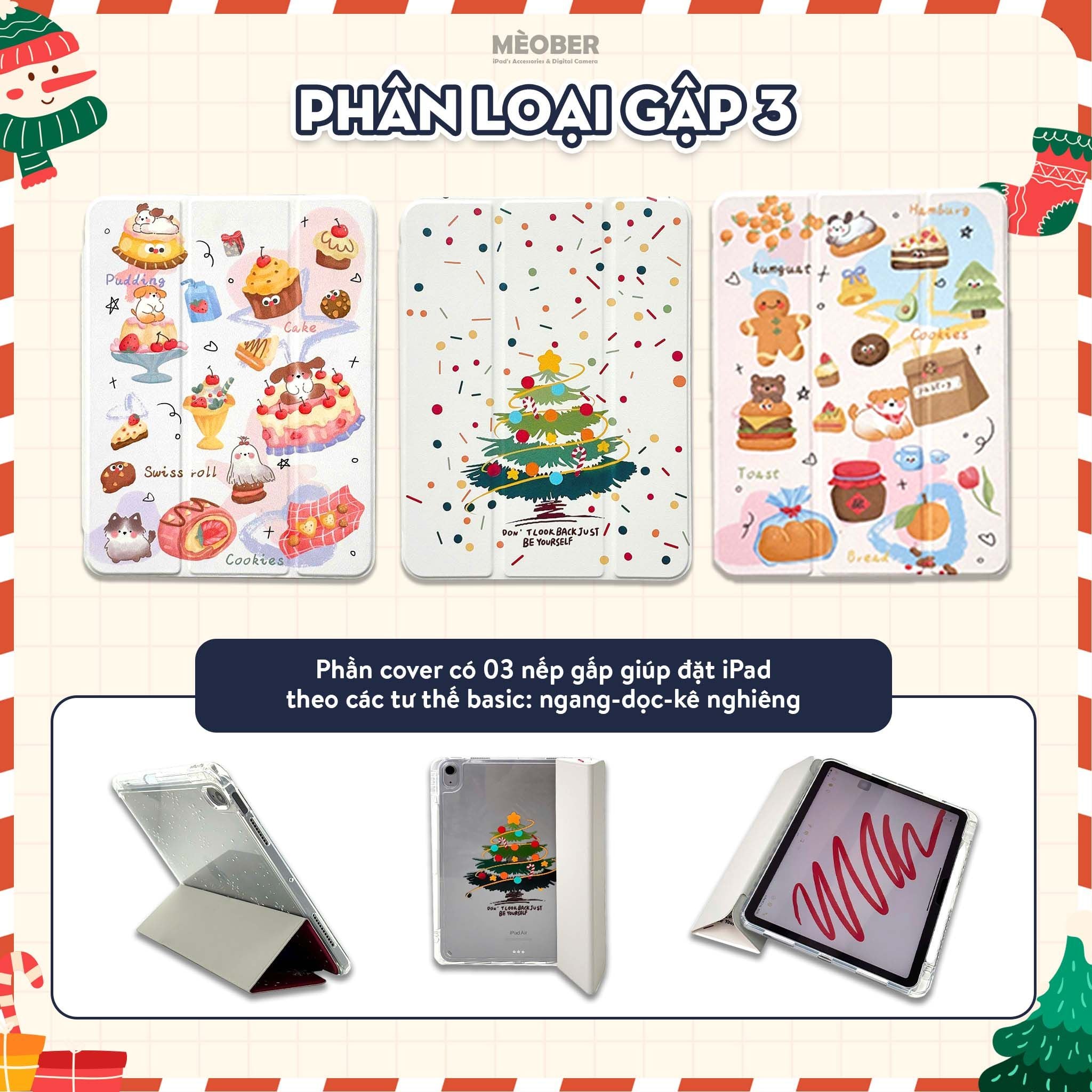 Bao da iPad Cute Origami/Gập 3 XMAS khe bút cố định gấp xếp cho Pro 11, Mini 6/7, Air 4/5/6/7, Gen7/8/9/10/11, Pro M4 by MèoBer 
