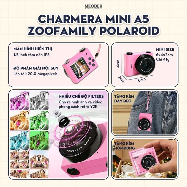  Máy Ảnh Móc Khóa Series Charmera Mini S5 Insta & A5 Polaroid ZooFamily – Chụp 64MP, quay video, filter & sticker độc quyền Y2K by MèoBer 