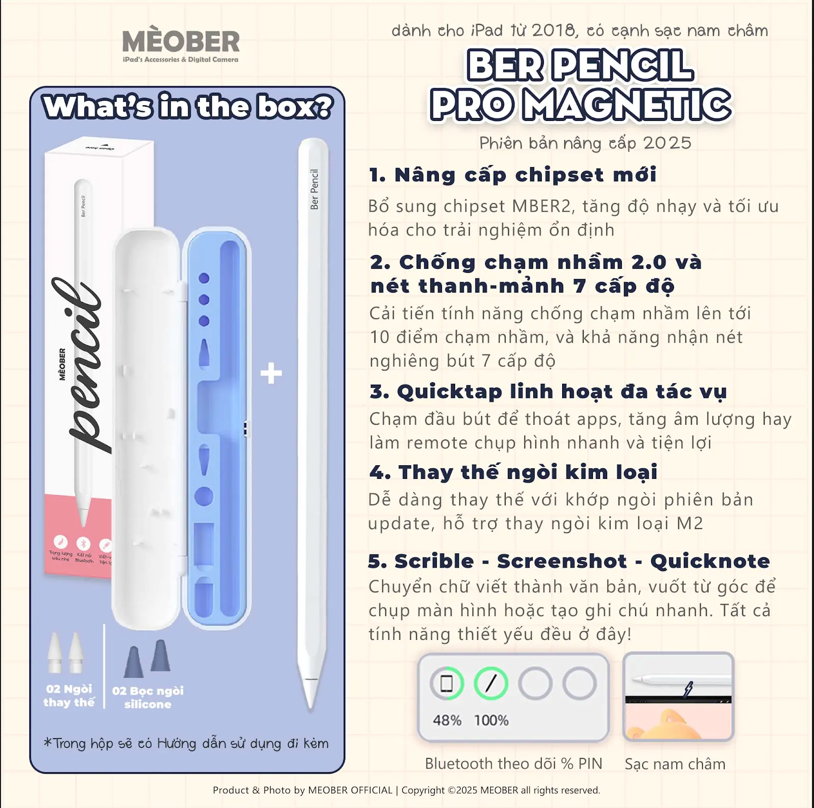  [New 2025] Bút cảm ứng BerPencil Pro Max dành cho iPad - Chống chạm nhầm, scribble, chuyển tẩy/ bút by MèoBer 