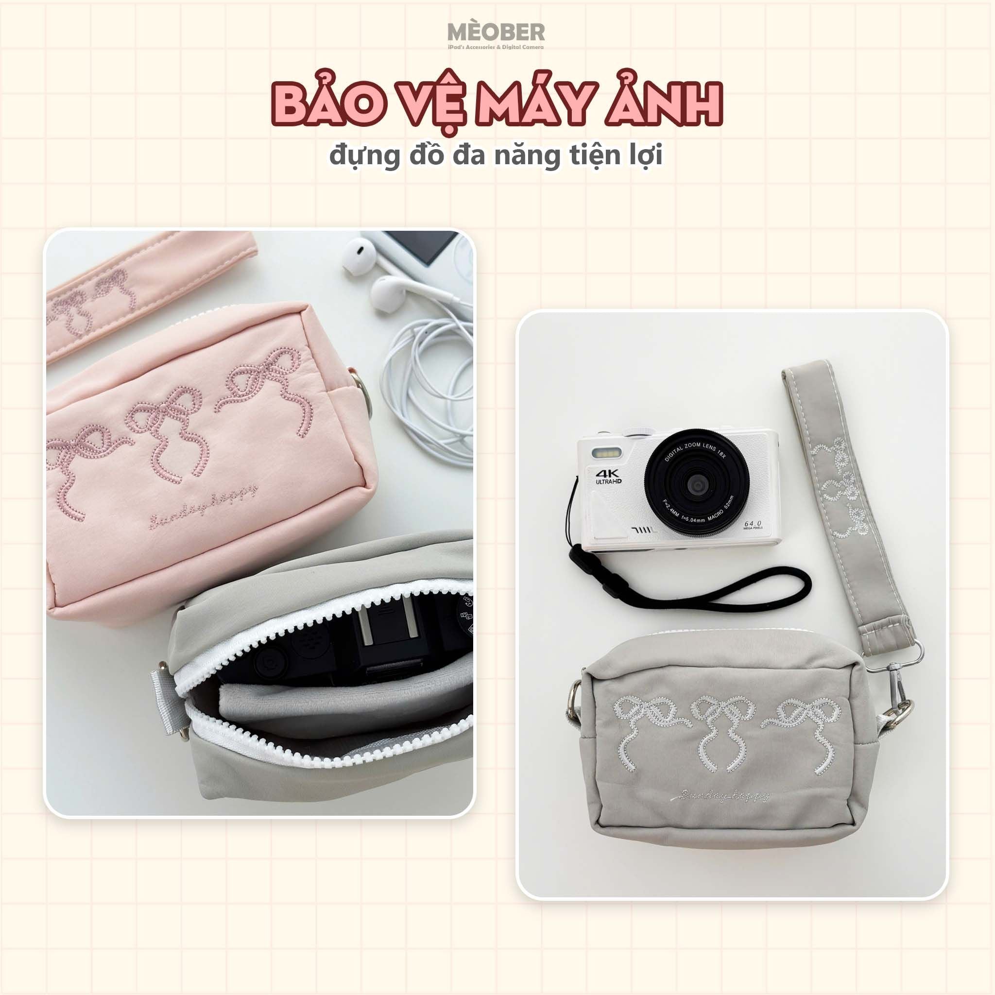  Túi đựng phụ kiện, máy ảnh, đa năng Soft Ribbon  - Thiết kế họa tiết nơ tối giản, chia ngăn thông minh by MèoBer 
