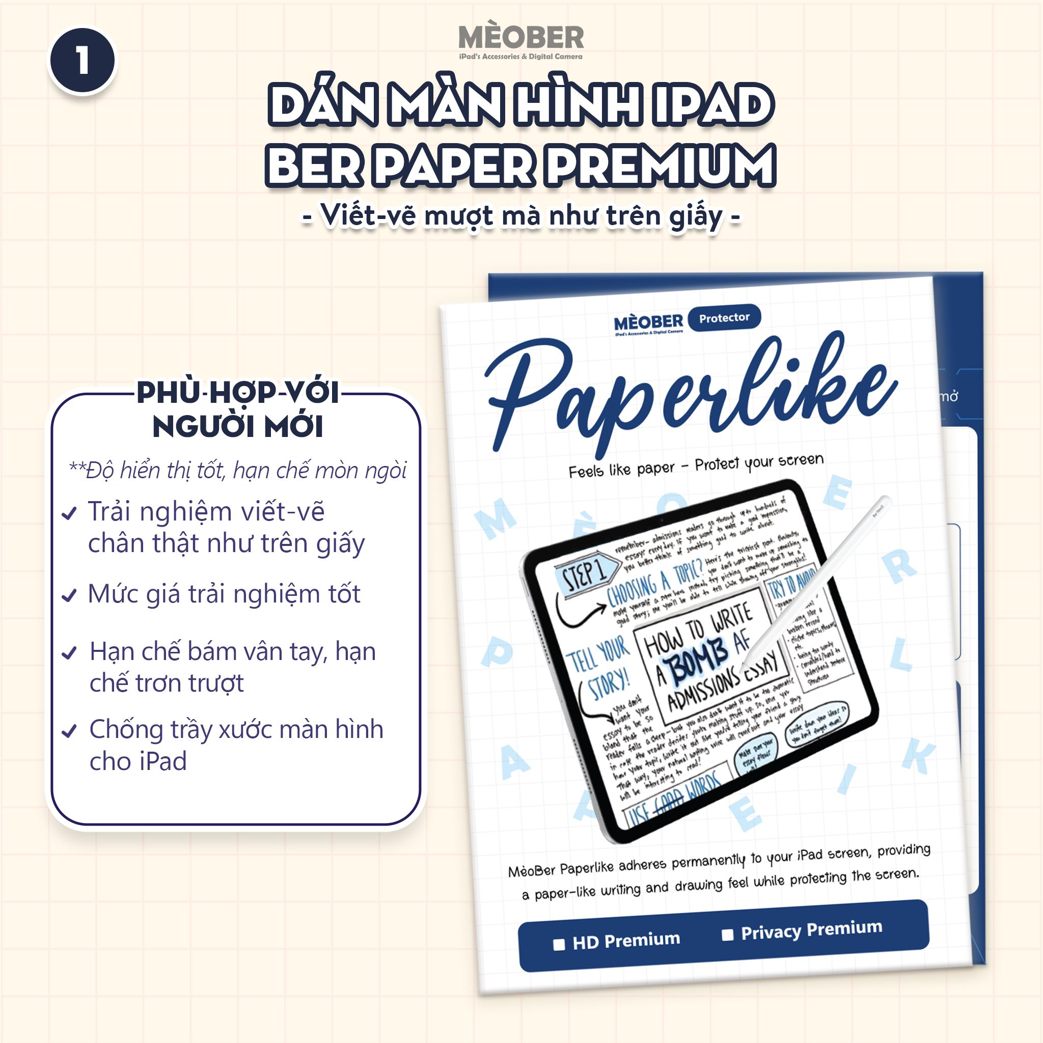 Combo phụ kiện iPad Starter Pack - Gồm 01 Bút Cảm ứng, 01 Ốp Bao Da Xoay dọc, 02 dán màn hình BerPaper by MèoBer 