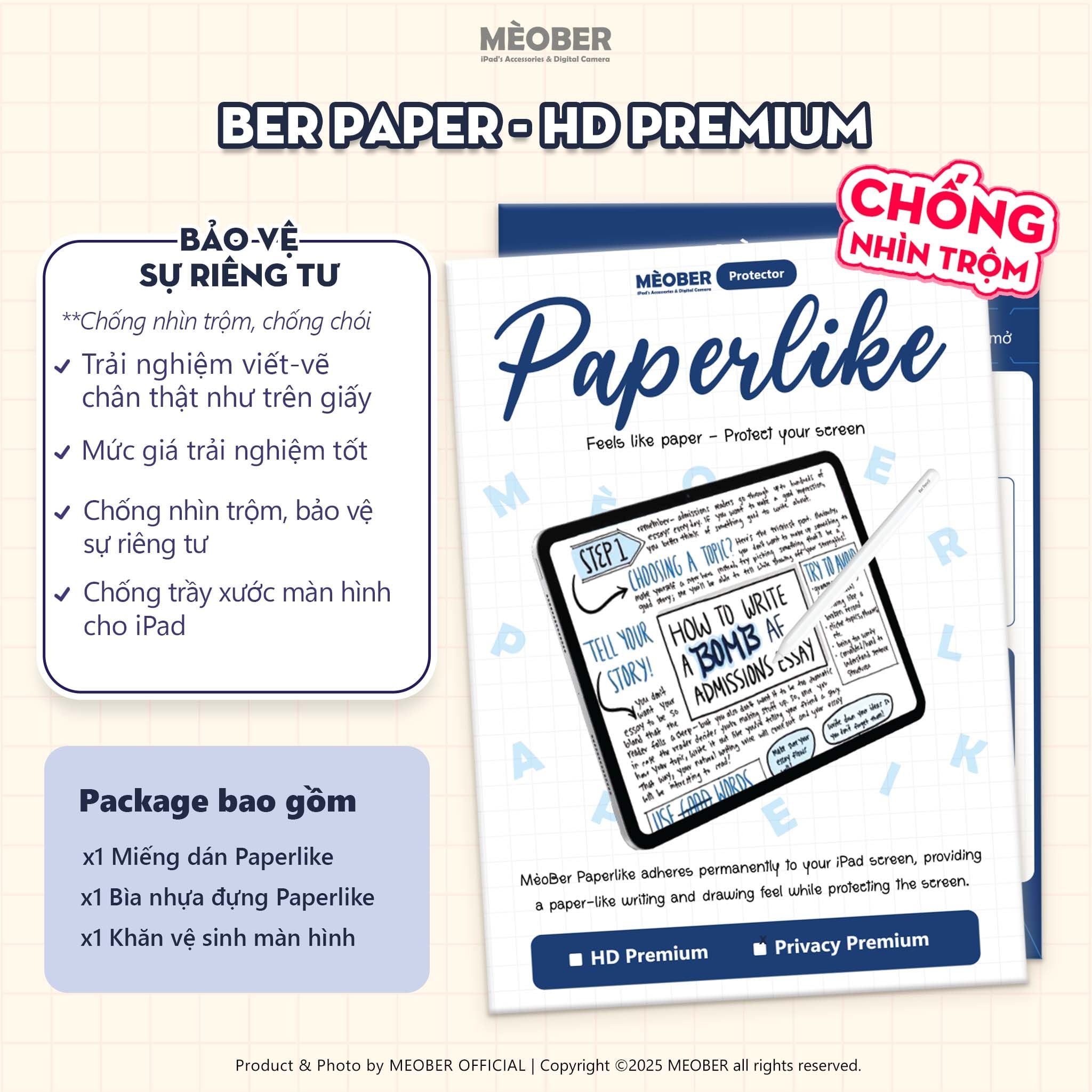  Dán màn hình iPad Paperlike Nhám - Viết vẽ như trên giấy, chống chói, hạn chế ánh sáng xanh dành cho Pro M1/M2, M4, Air 4/5/6, Gen 10/11 A16, Mini 6/7 Pro M1/M2, M4, Air 4/5/6, Gen 10/11 A16, Mini 6/7 Ber Paper by MèoBer 