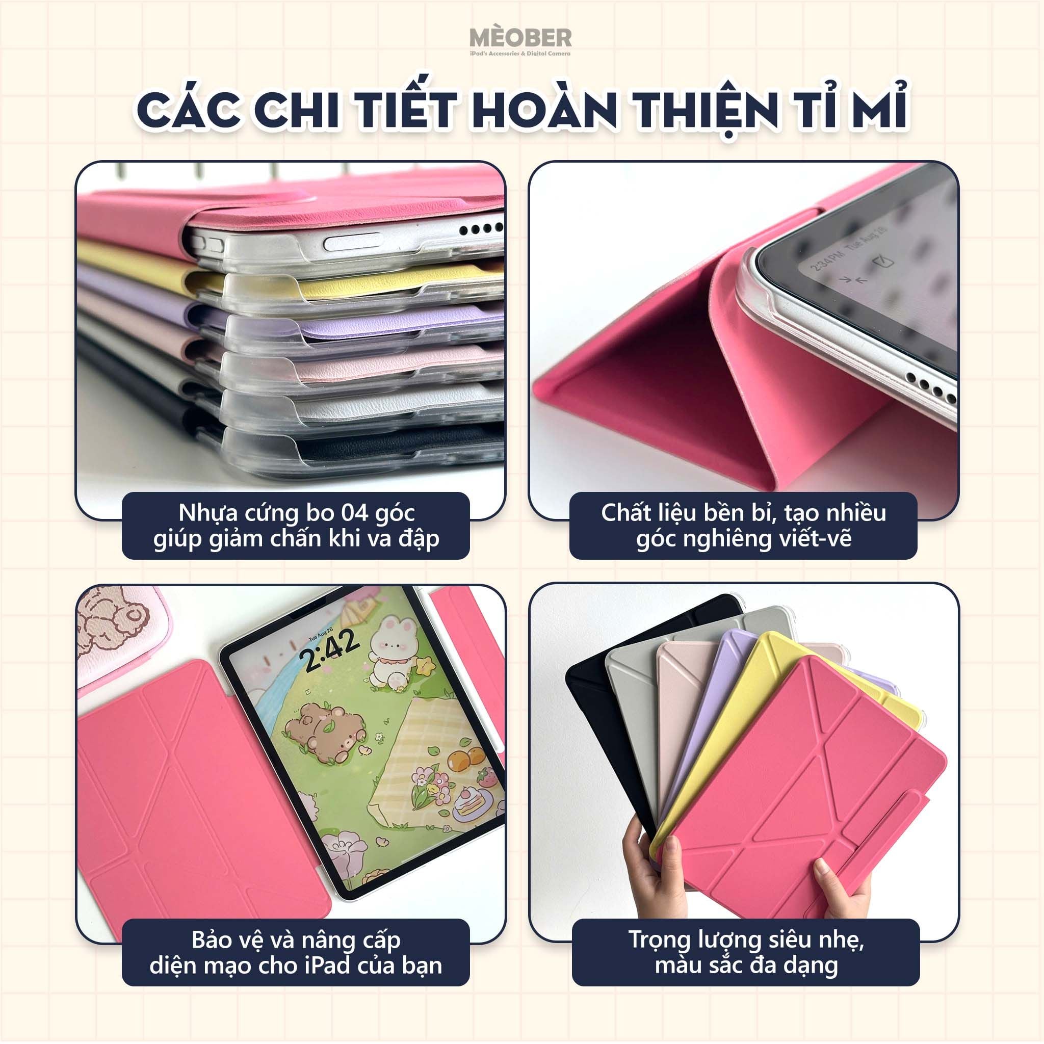  Bao da iPad nam châm Slim Magnetic - Siêu mỏng hít lưng iPad, có viền bảo vệ dành cho Pro M1/M2, M4, Air 4/5/6, Gen 10/11 A16, Mini 6/7 by MèoBer 