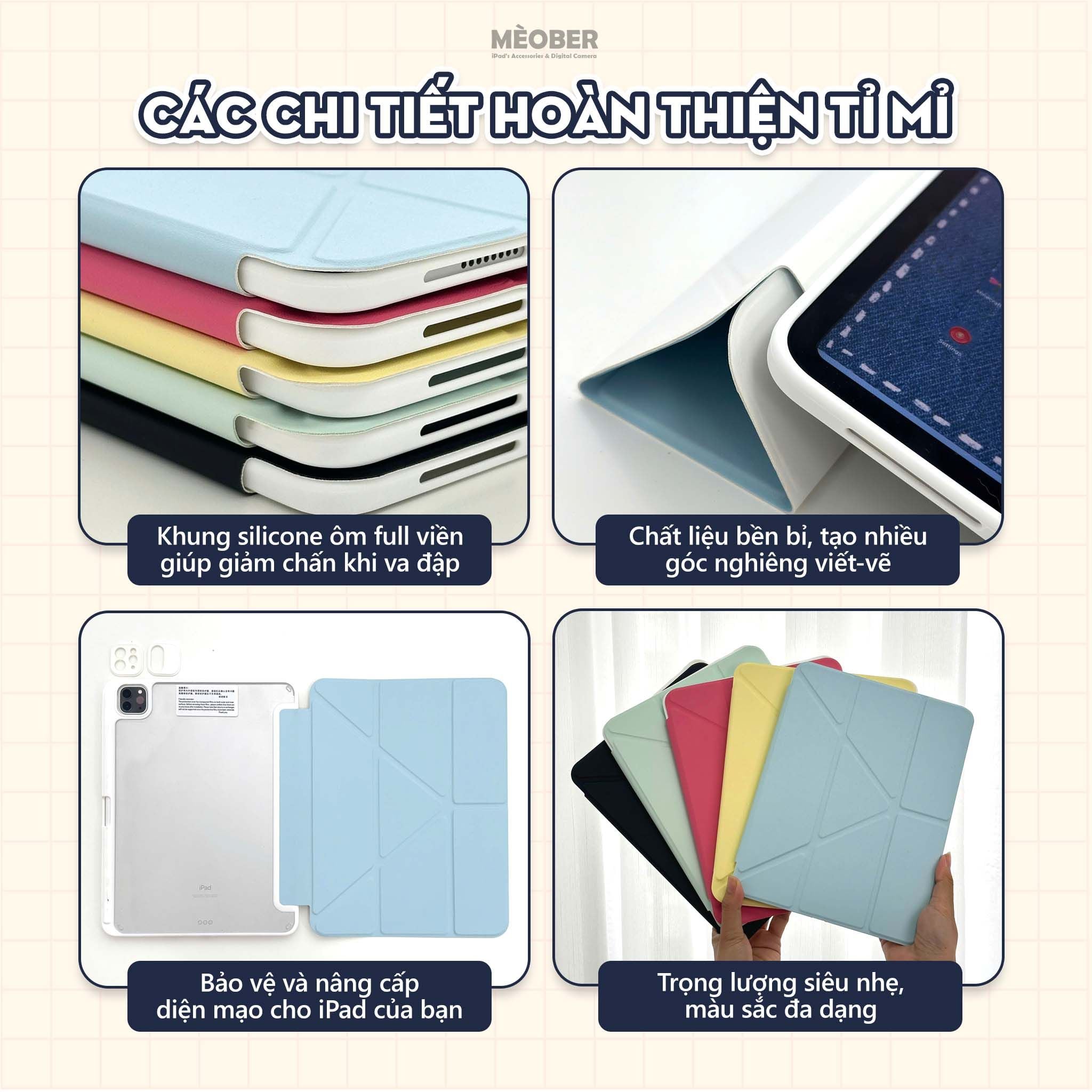  Bao da iPad Origami Pastel, gấp xếp xoay 360 cho Pro 11, Mini 6/7, Air 4/5/6/7, Gen10/11 A16, Pro M4 - lưng trong viền đồng màu by MèoBer 