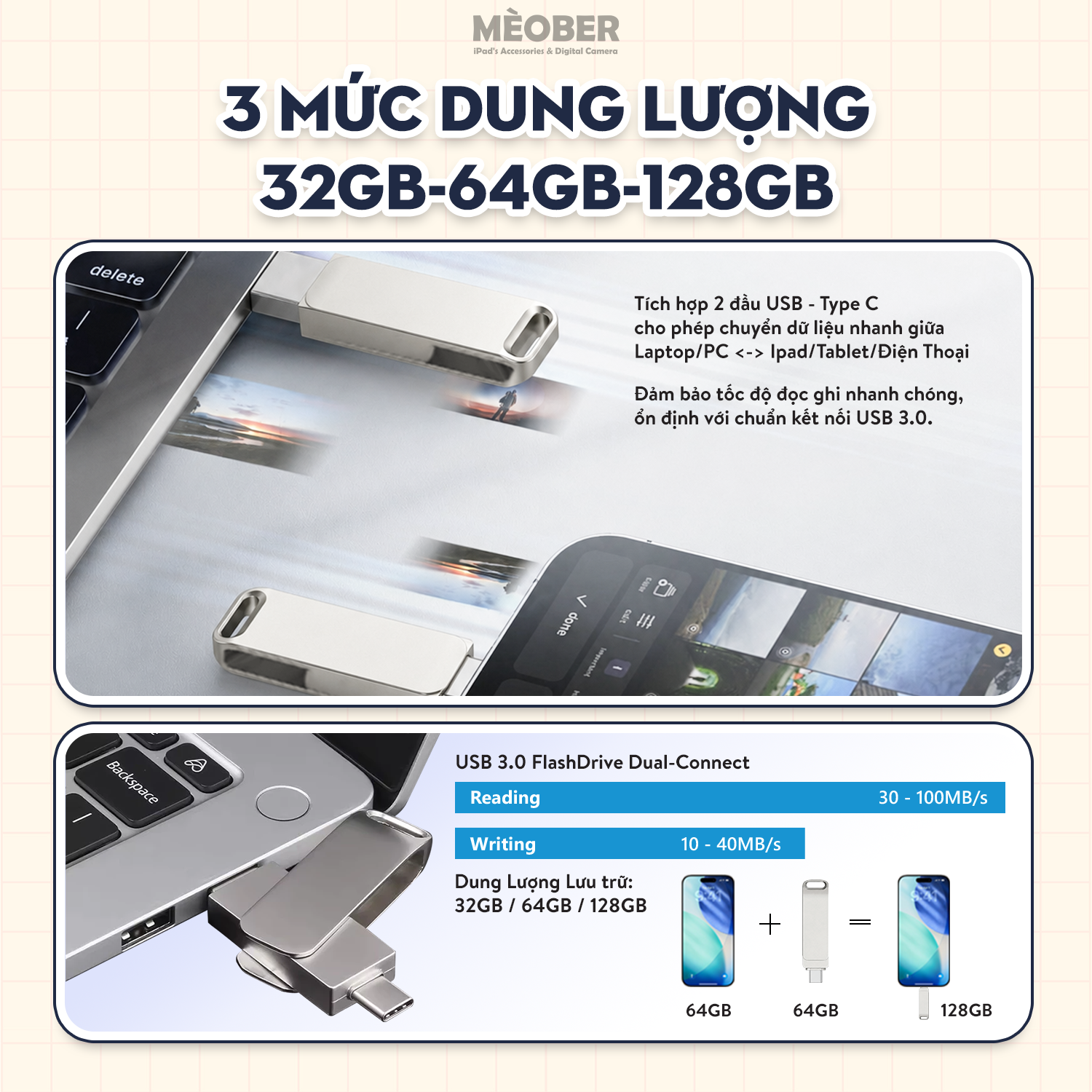  Bộ nhớ lưu trữ mở rộng di động cho điện thoại, iPad, Laptop - USB 3.0 FlashDrive Dual-Connect by MèoBer 