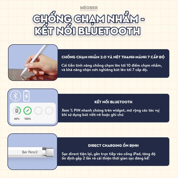  [New 2025] Bút cảm ứng BerPencil Pro Max dành cho iPad - Chống chạm nhầm, scribble, chuyển tẩy/ bút by MèoBer 