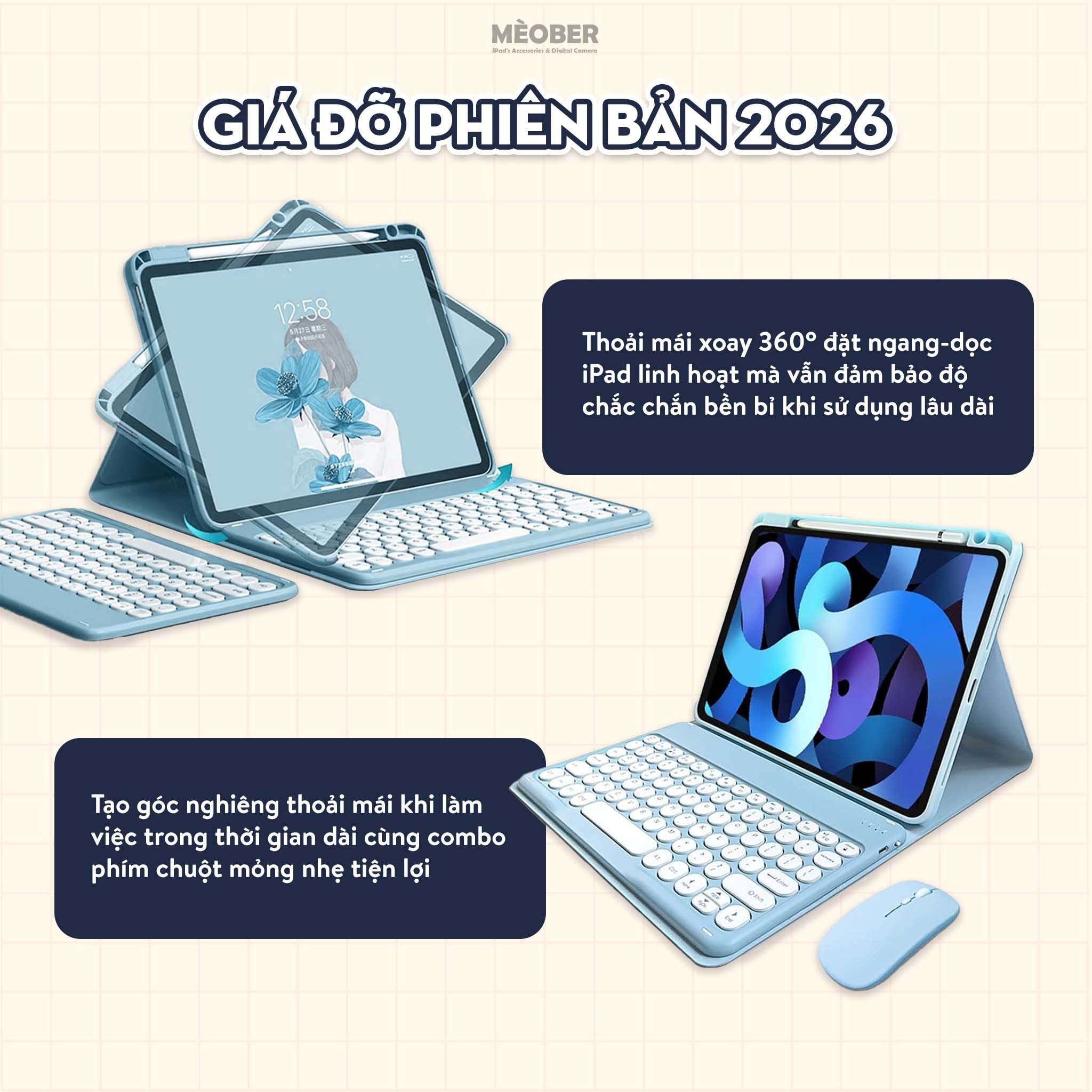  [2026] Bao da iPad Xoay cố định kèm bàn phím - Case Keyboard 360 by Meober dành cho Gen 8/9/10 Air4/5/6 Pro11 