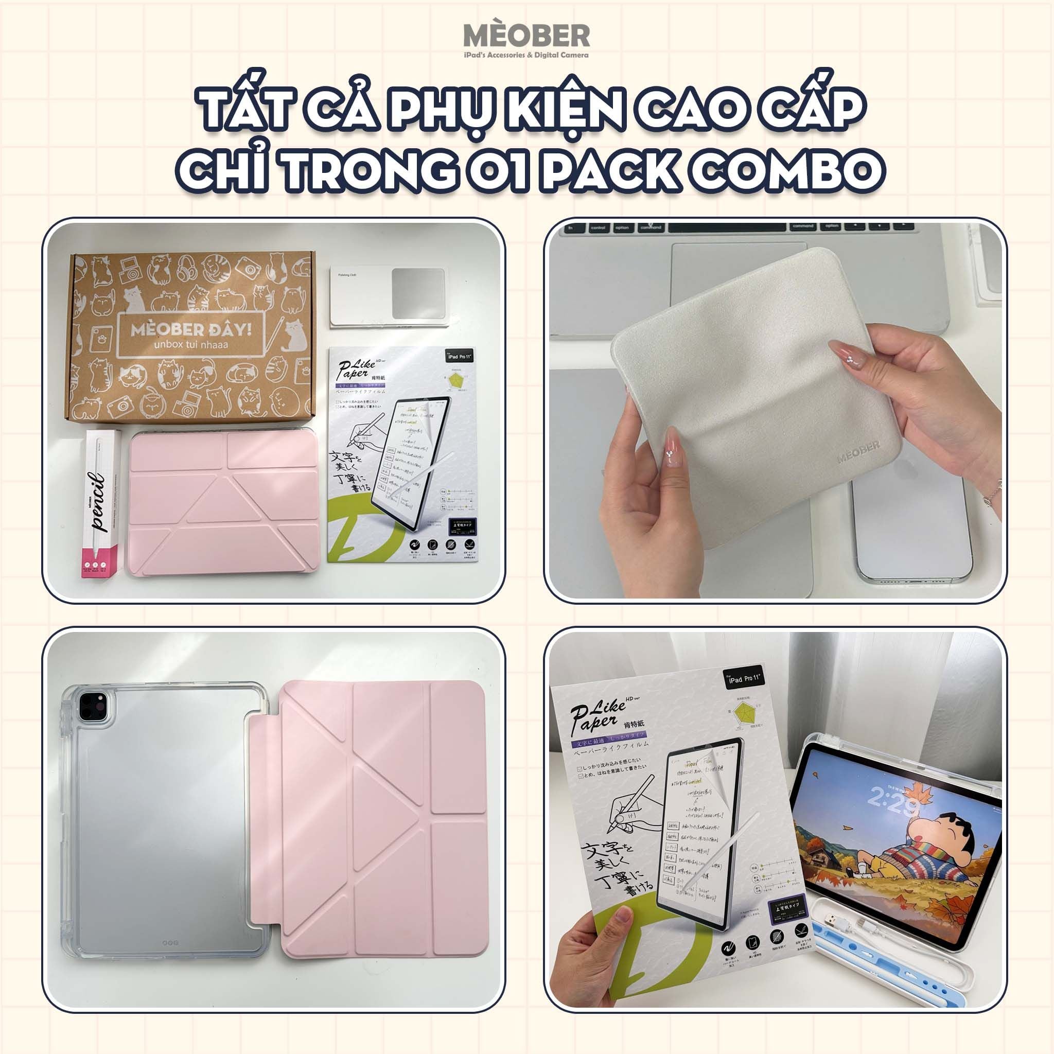  Combo phụ kiện iPad Pro Pack - Gồm 01 Bút Cảm ứng, 01 Ốp Origami khe bút cố định, 01 dán màn hình Paperlike Pro, 01 Khăn Microfiber by MèoBer 