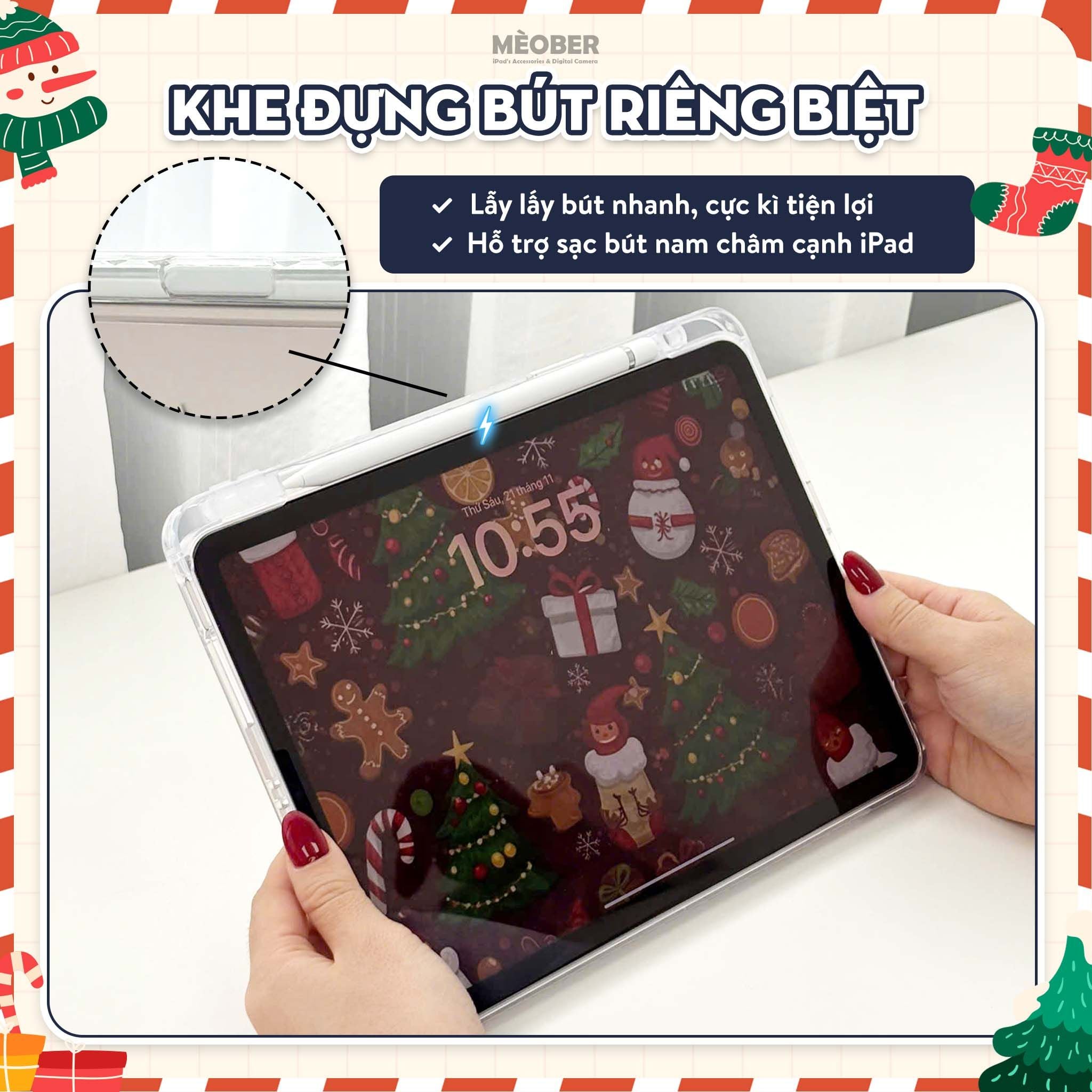  Bao da iPad Cute Origami/Gập 3 XMAS khe bút cố định gấp xếp cho Pro 11, Mini 6/7, Air 4/5/6/7, Gen7/8/9/10/11, Pro M4 by MèoBer 