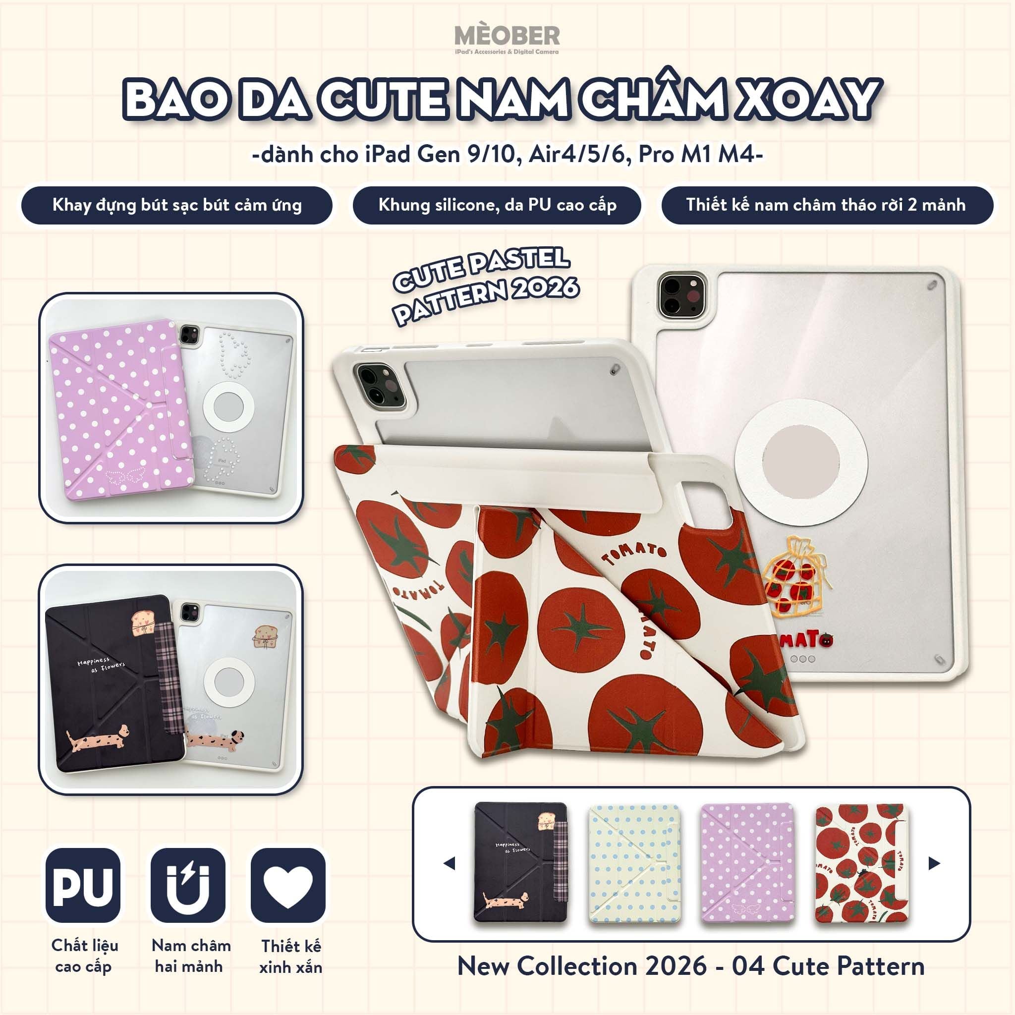  [New 2026] Bao da Cute Nam Châm Xoay x Origami dành cho iPad - Hỗ trợ tháo rời linh hoạt, siêu bảo vệ by MèoBer 