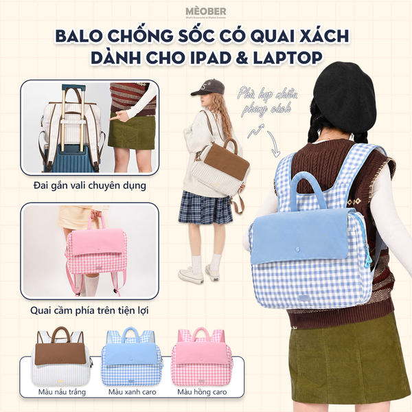  Balo chống sốc đa năng Caro Pastel 3-in-1 cho iPad & Laptop  - Siêu rộng, Chia Nhiều Ngăn phù hợp Đi Học Đi Làm, Du Lịch by MèoBer 