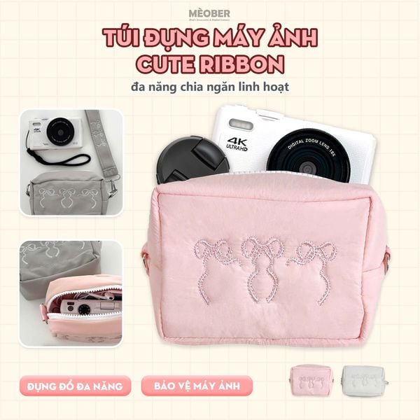  Túi đựng phụ kiện, máy ảnh, đa năng Soft Ribbon  - Thiết kế họa tiết nơ tối giản, chia ngăn thông minh by MèoBer 