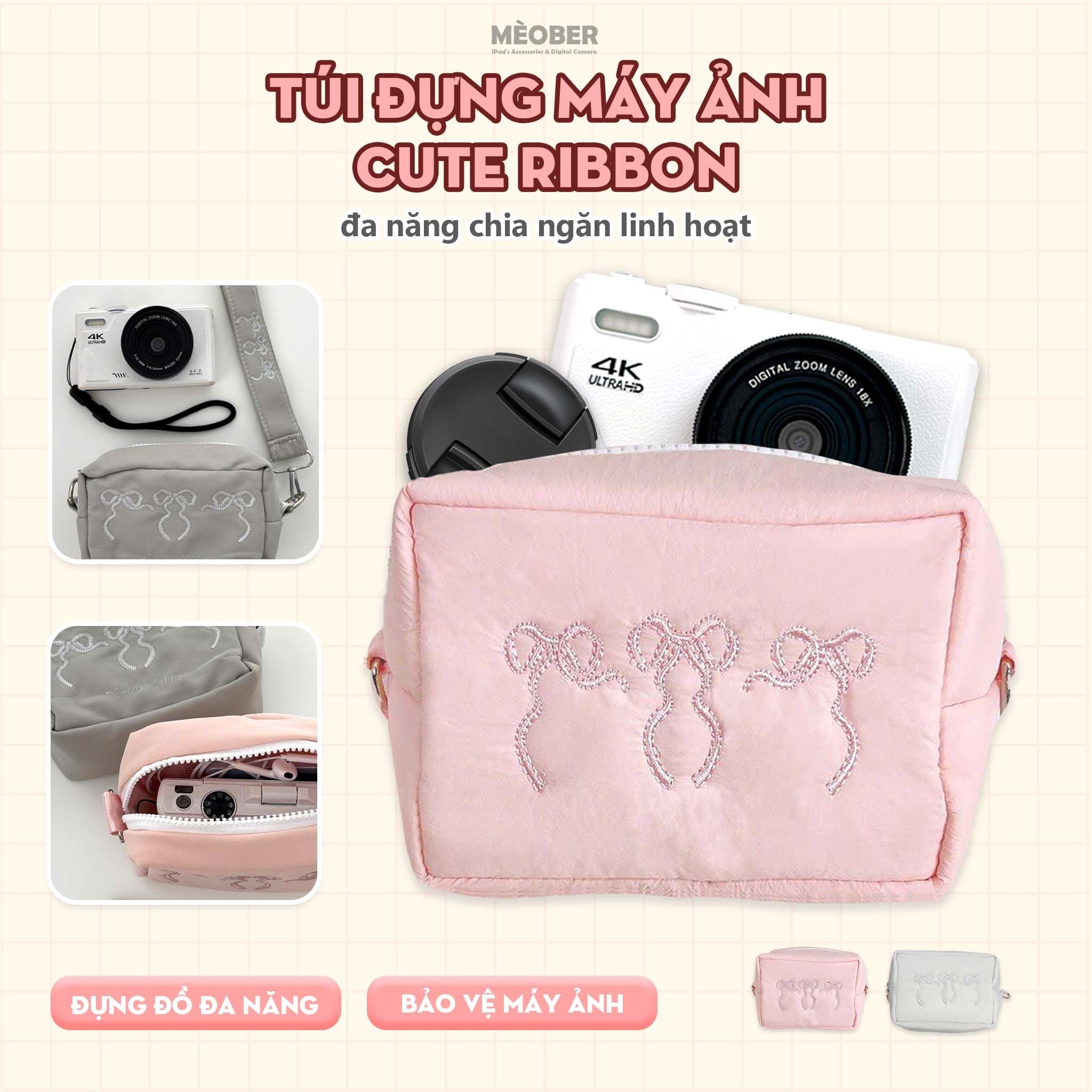 Túi đựng phụ kiện, máy ảnh, đa năng Soft Ribbon  - Thiết kế họa tiết nơ tối giản, chia ngăn thông minh by MèoBer 