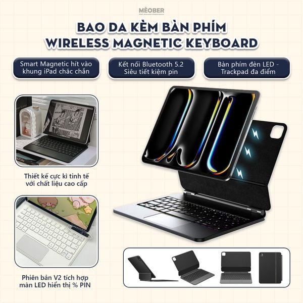  Bao Da Kèm Bàn Phím Magnetic Keyboard cho iPad Air 4/5/6/7, Pro 11 12,9, Pro M4, Gen 10/11 A16 by MèoBer 