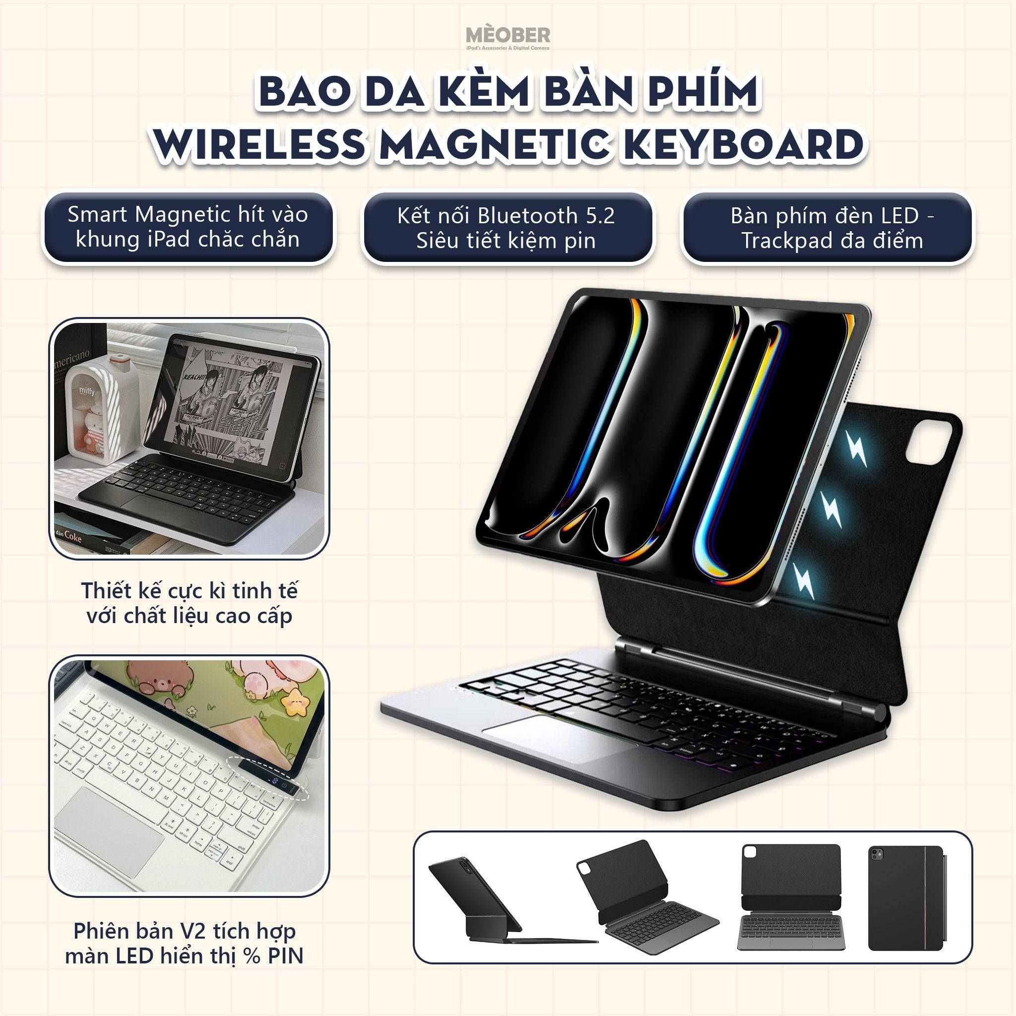  Bao Da Kèm Bàn Phím Magnetic Keyboard cho iPad Air 4/5/6/7, Pro 11 12,9, Pro M4, Gen 10/11 A16 by MèoBer 
