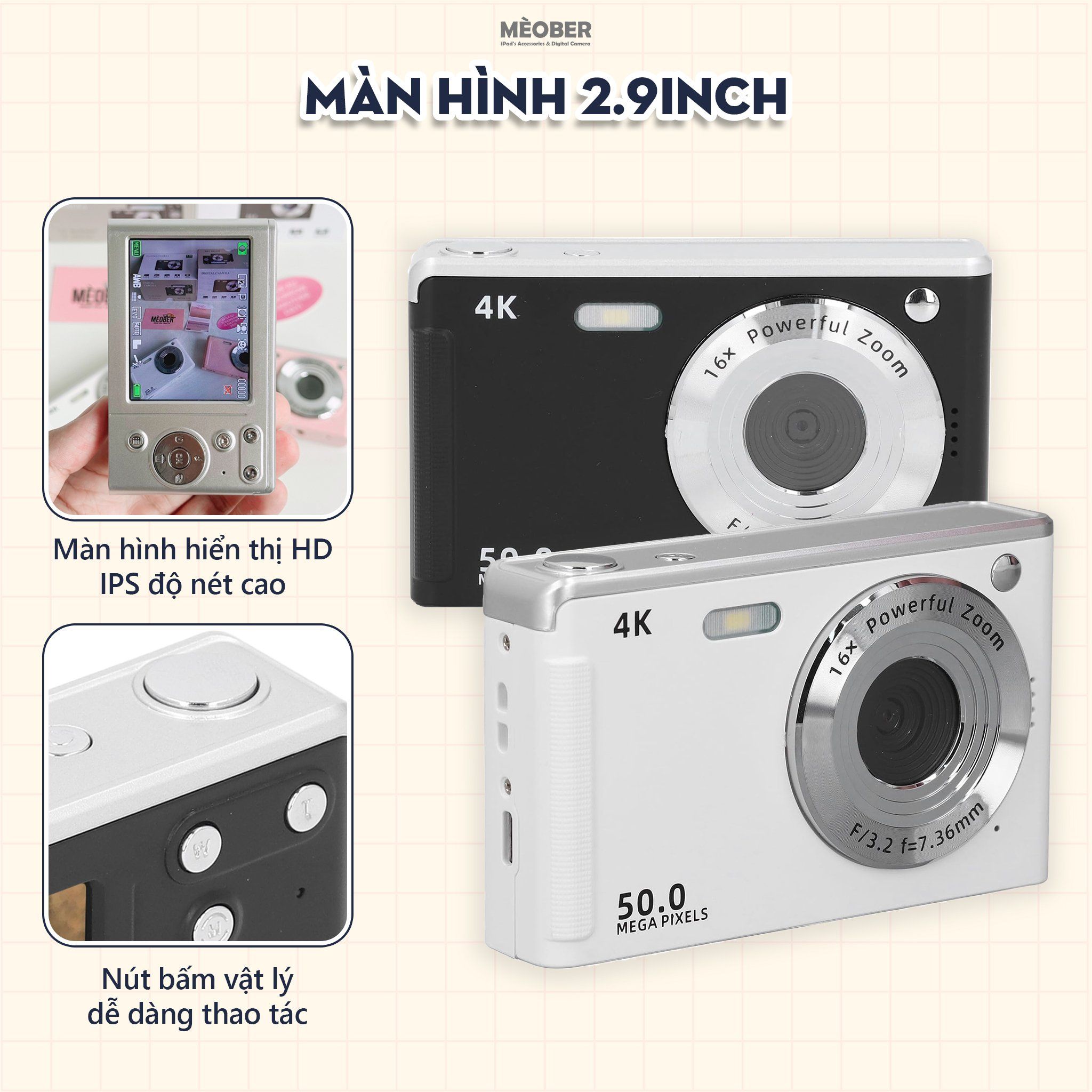  [Tặng thẻ nhớ] Máy ảnh kĩ thuật số digital CCD Pro Camera - quay, chụp 50MP sắc nét, nhỏ gọn phong cách Y2K by MèoBer 
