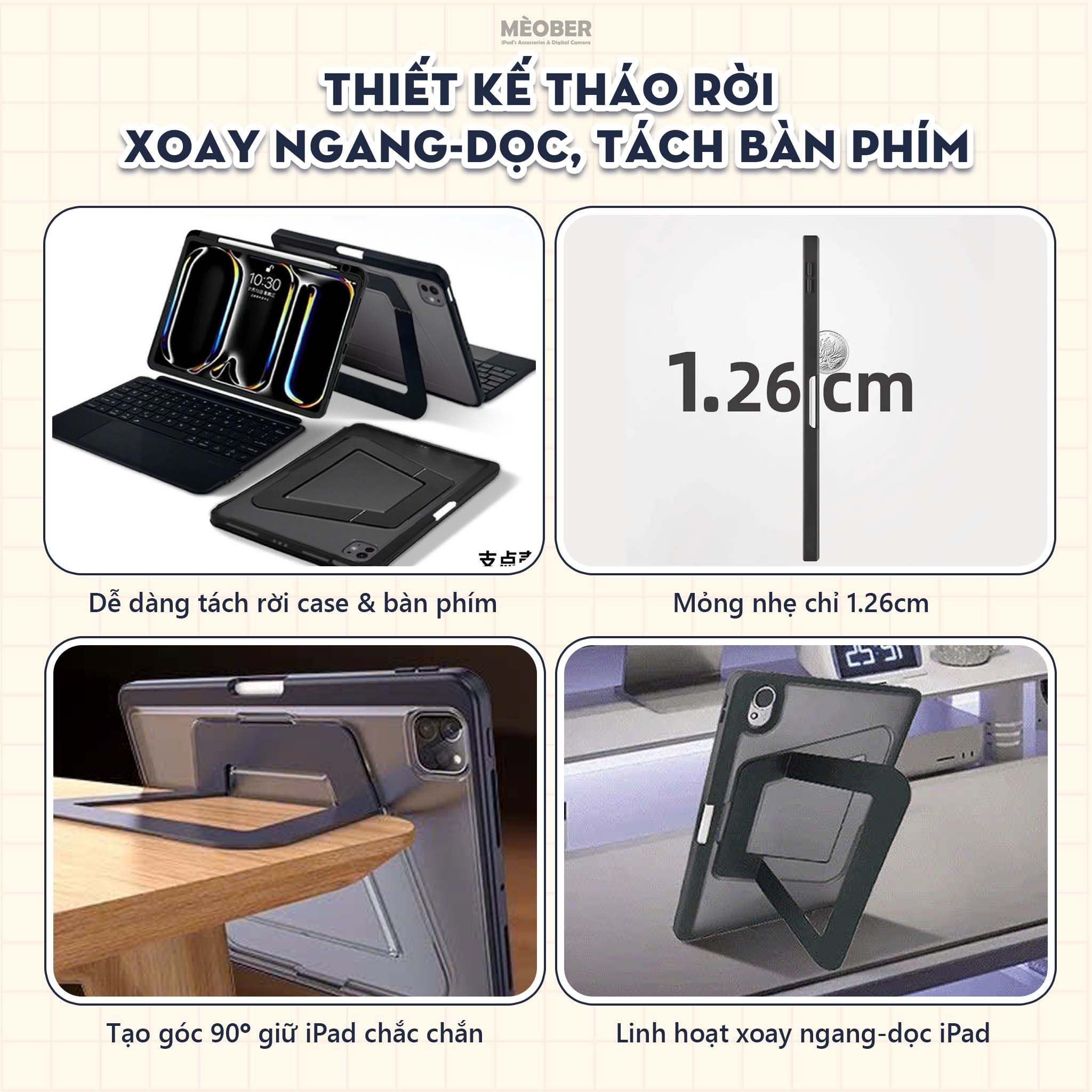  [2025] Bao da iPad Kèm Bàn Phím Smart Keyboard V2 tháo rời, xoay dọc dành cho Gen 10/11 A16, Air 4/5/6/7, Pro11 M1/2/4 by Meober 