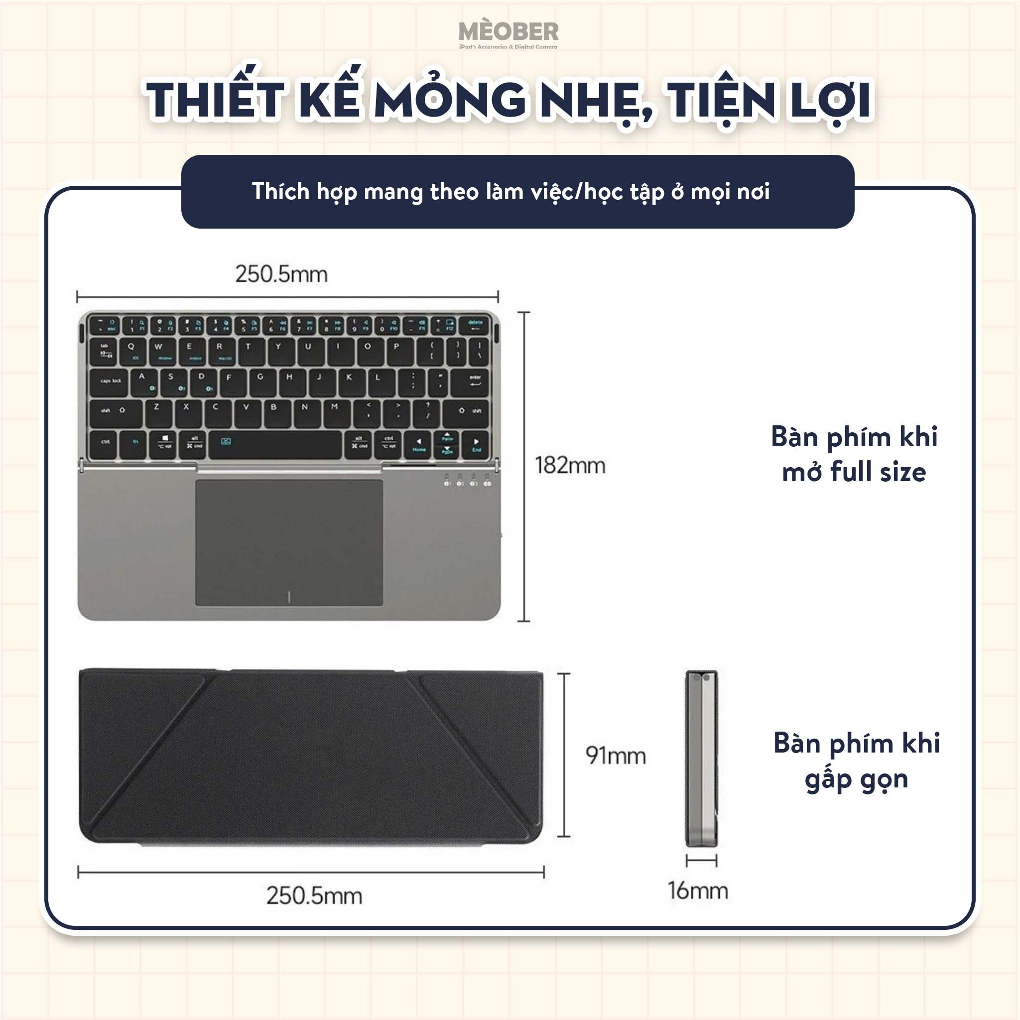  Bàn phím gập kiêm giá đỡ Foldable Keyboard dành cho iPad, Smartphone, Laptop, kết nối Bluetooth 3-in-1, stand cover tháo rời by MèoBer 
