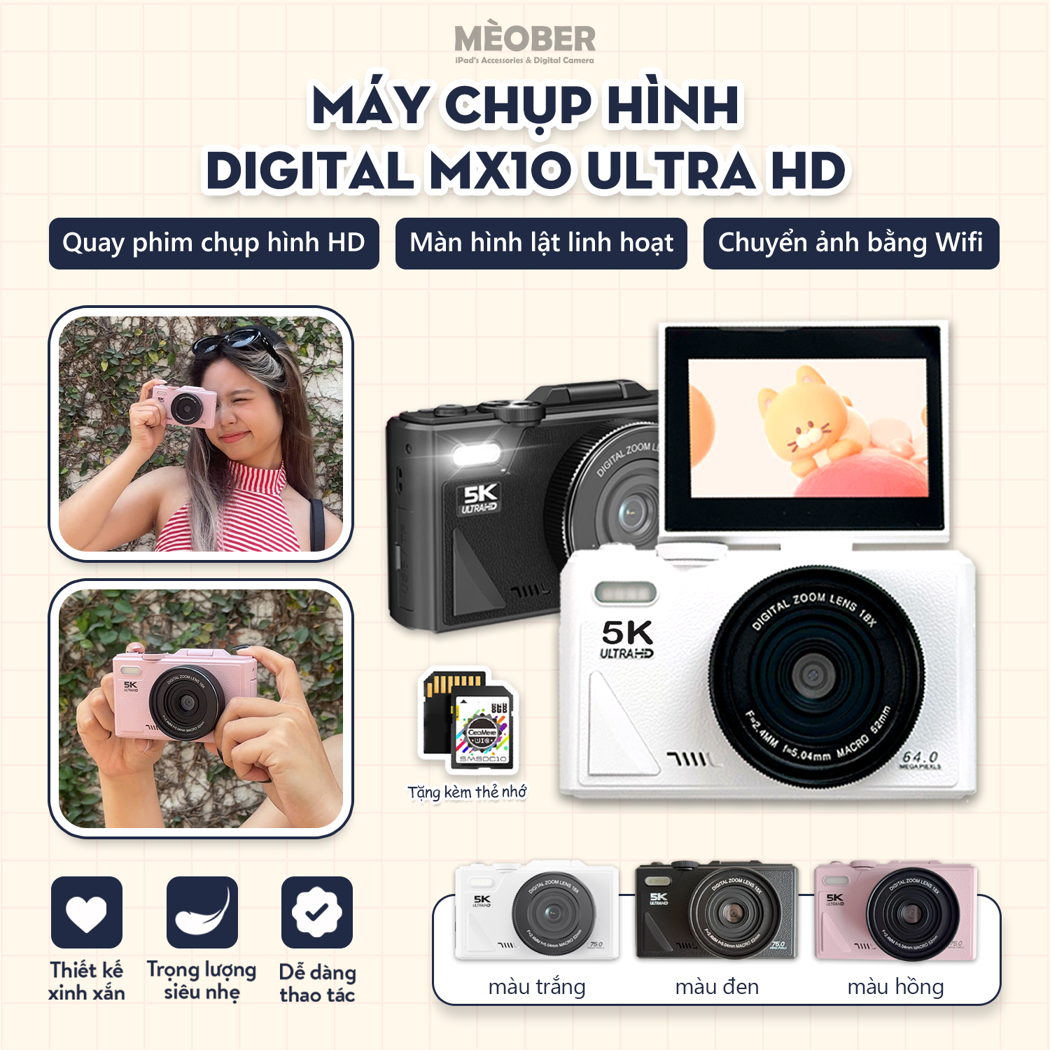  [Tặng thẻ nhớ] Máy Chụp Hình Digital MX10 UltraHD - Chụp giả lập màu phim 64MP, quay video 4K, màn hình lật, tích hợp Wi-Fi by MèoBer 