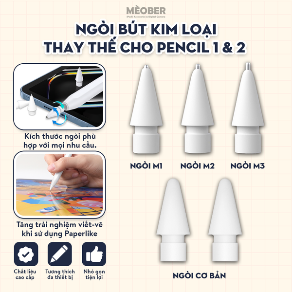  Ngòi bút kim loại Pro Metal thay thế Apple Pencil 1 2-Pen Pro, chuyên dùng với paperlike, chống mòn khi viết vẽ 