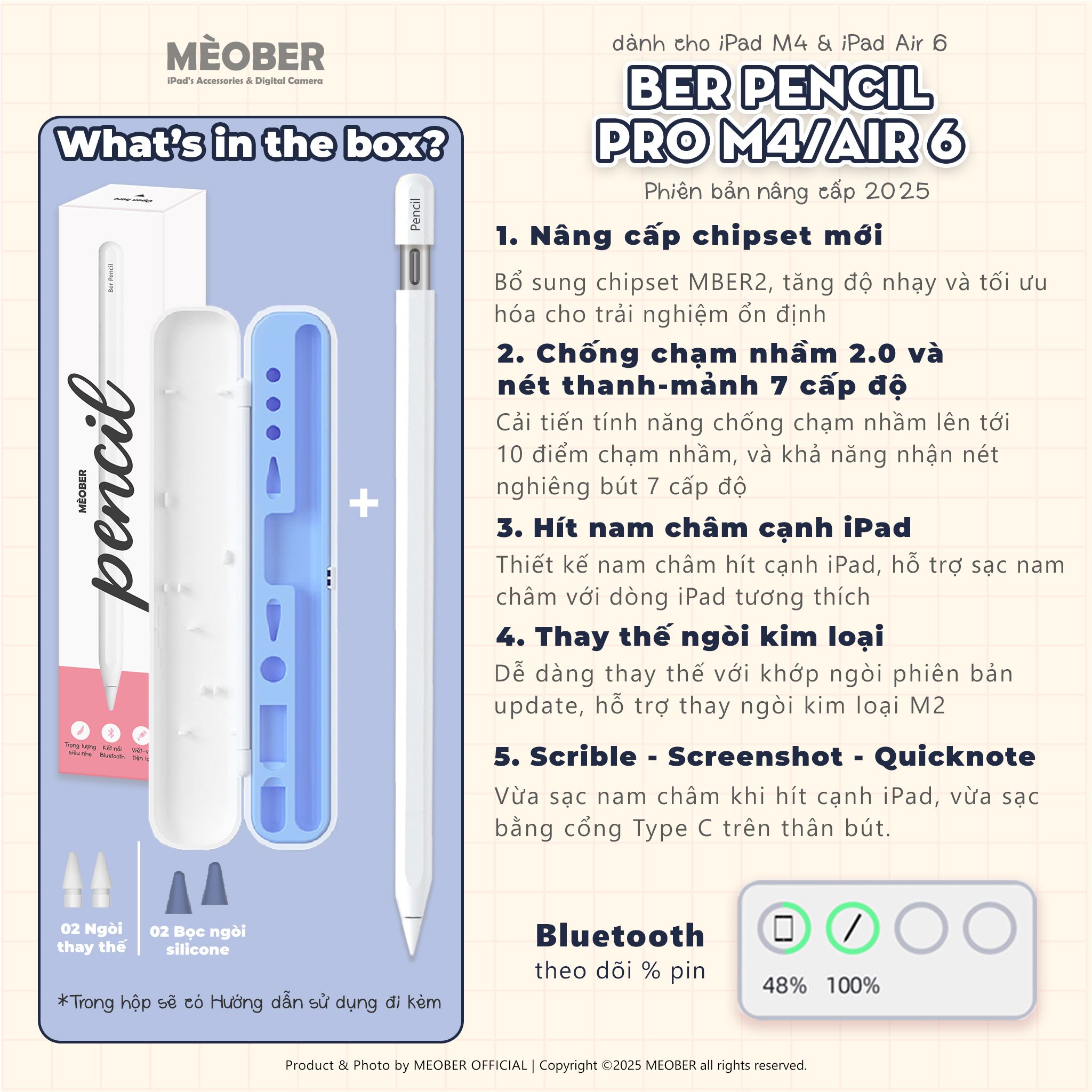  [2025] Bút cảm ứng BerPencil Pro M4/Air6 dành cho iPad - Chống chạm nhầm, scribble, sạc nam châm thế hệ mới by MèoBer 