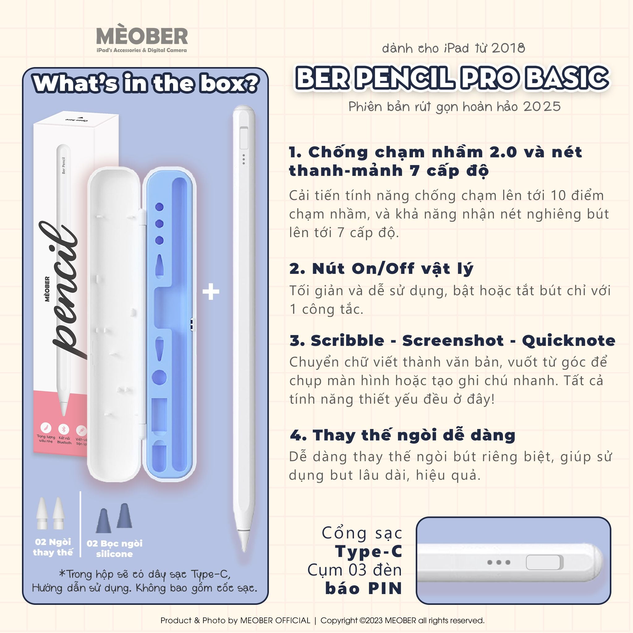  [2025] Bút cảm ứng BerPencil Pro M4/Air6 dành cho iPad - Chống chạm nhầm, scribble, sạc nam châm thế hệ mới by MèoBer 