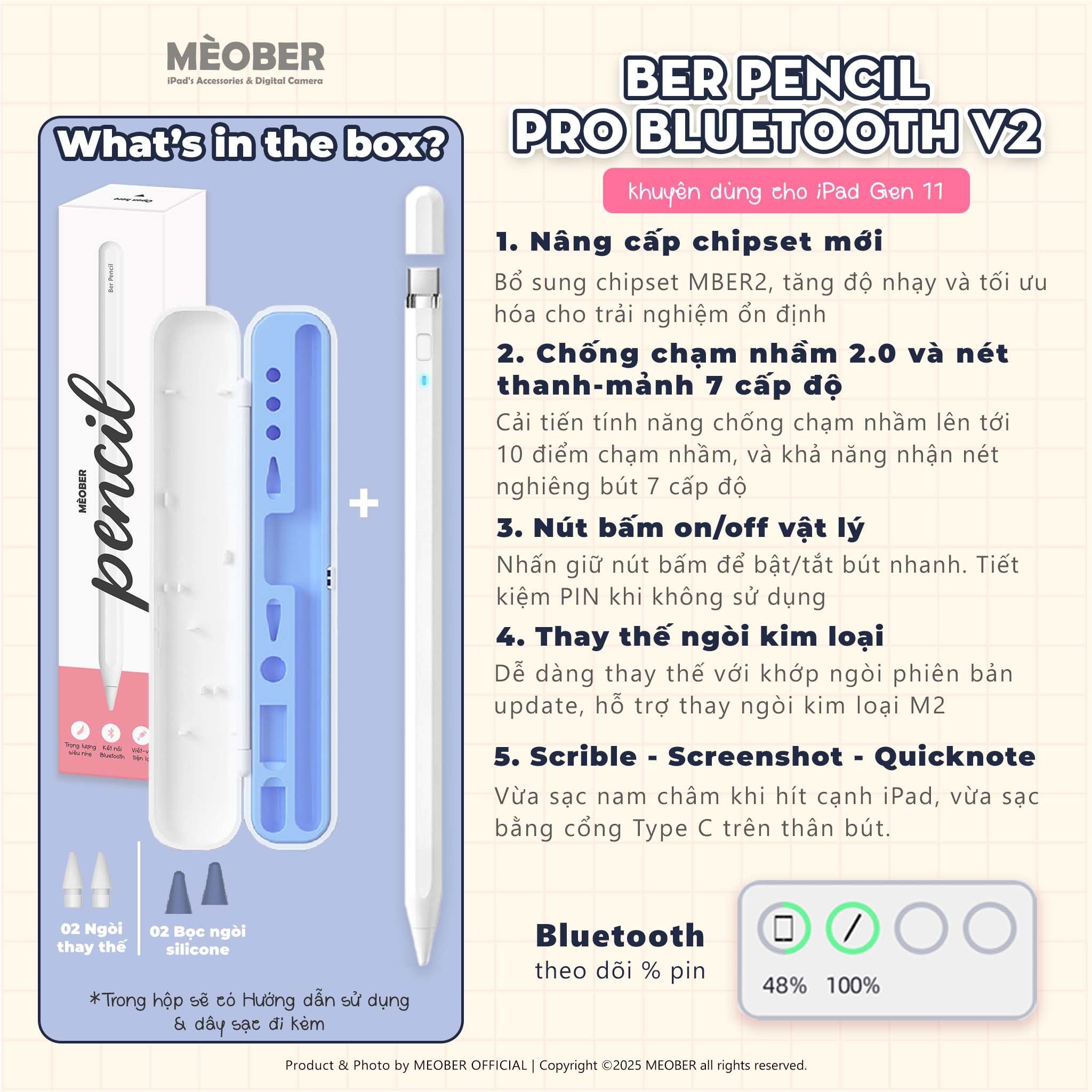 [New 2025] Bút cảm ứng BerPencil Pro Max dành cho iPad - Chống chạm nhầm, scribble, chuyển tẩy/ bút by MèoBer 