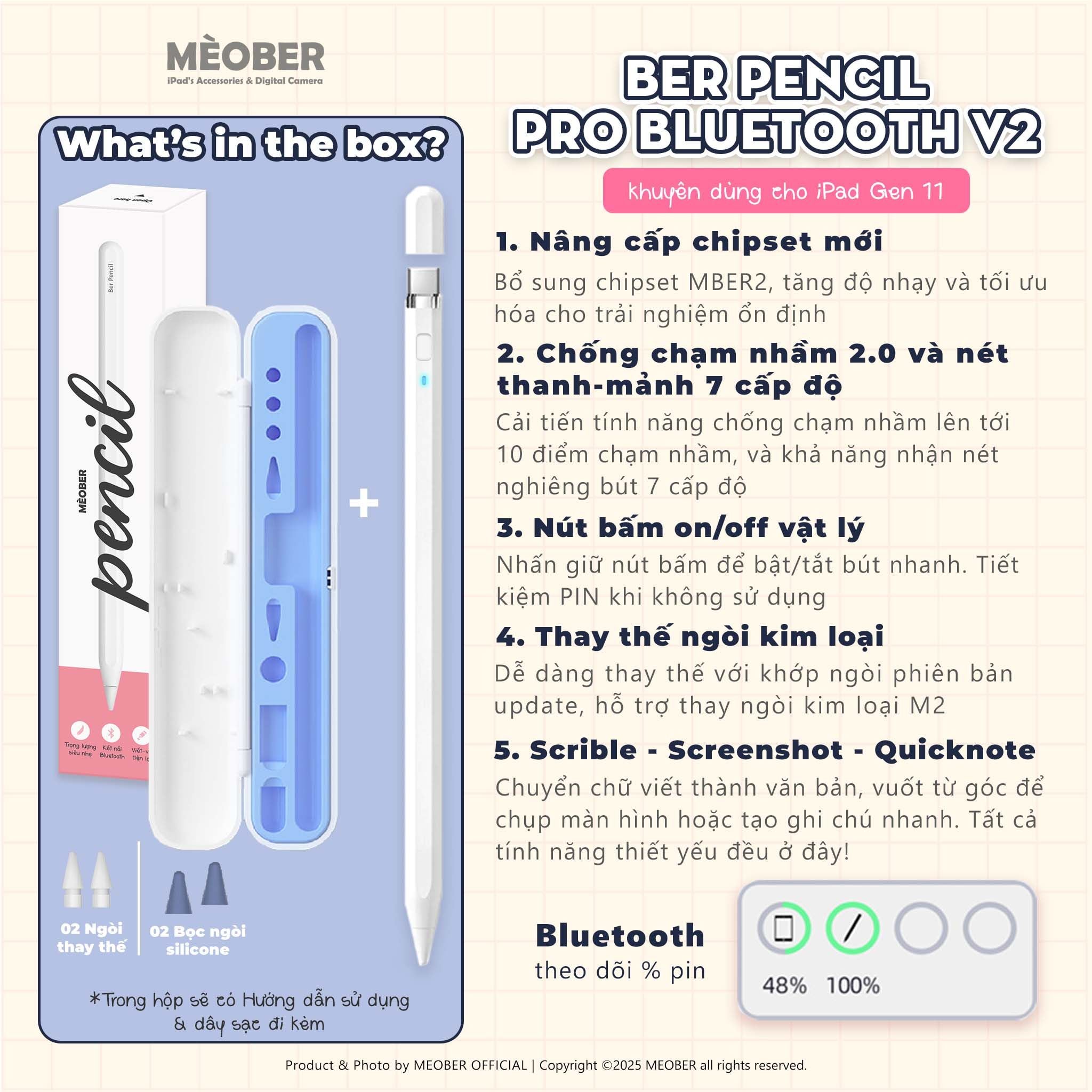  Bút cảm ứng BerPencil Pro dành cho iPad - Chống chạm nhầm, chuyển chữ viết thành văn bản, sạc nam châm by MèoBer 