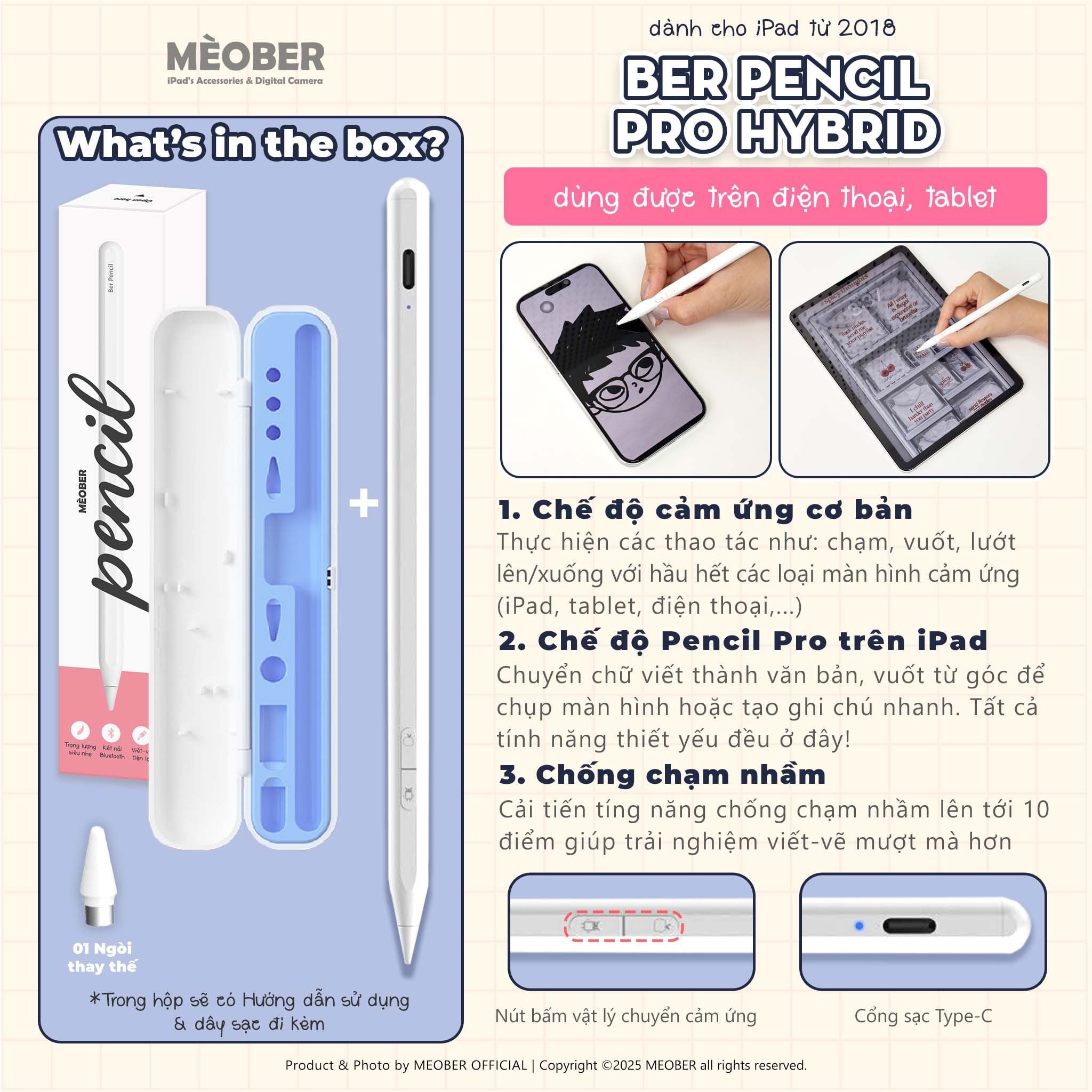  [2026] Bút cảm ứng BerPencil Hybrid dành cho điện thoại và iPad - Chống chạm nhầm, scribble thế hệ mới by MèoBer 