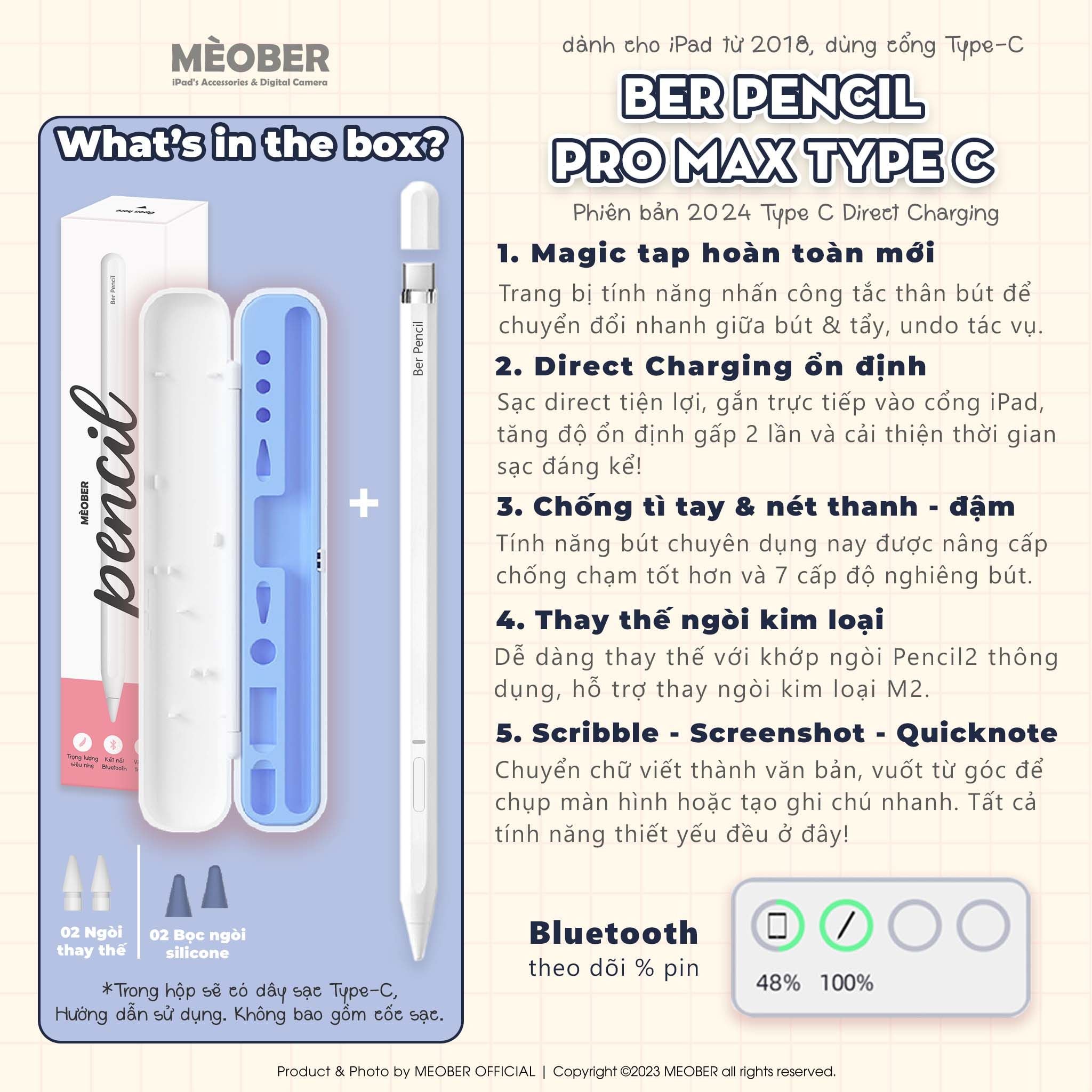  [New 2025] Bút cảm ứng BerPencil Pro Max dành cho iPad - Chống chạm nhầm, scribble, chuyển tẩy/ bút by MèoBer 